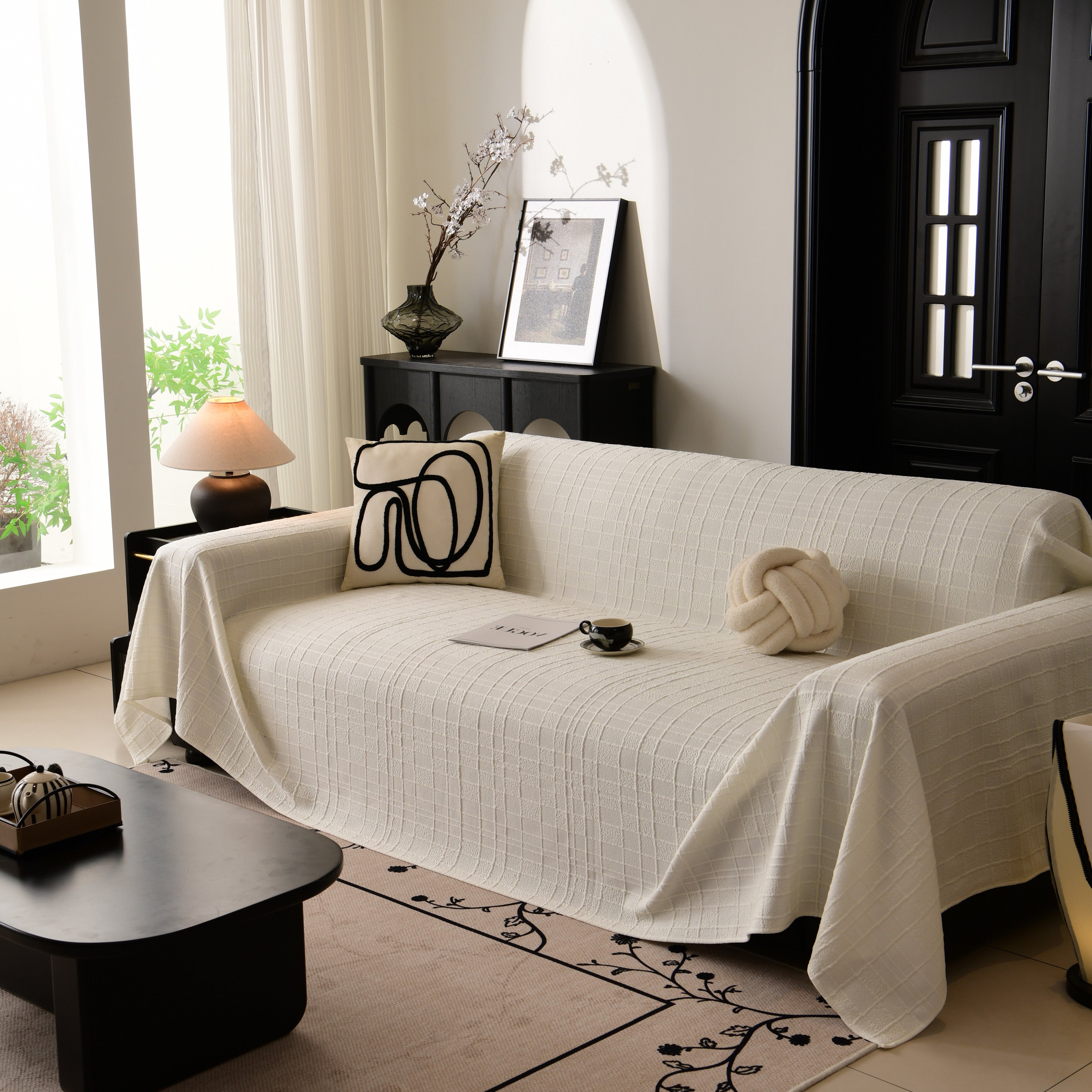 Sofa Cover Throw With Subtle Textured Stripes Lightweight Smooth Couch Slipcover