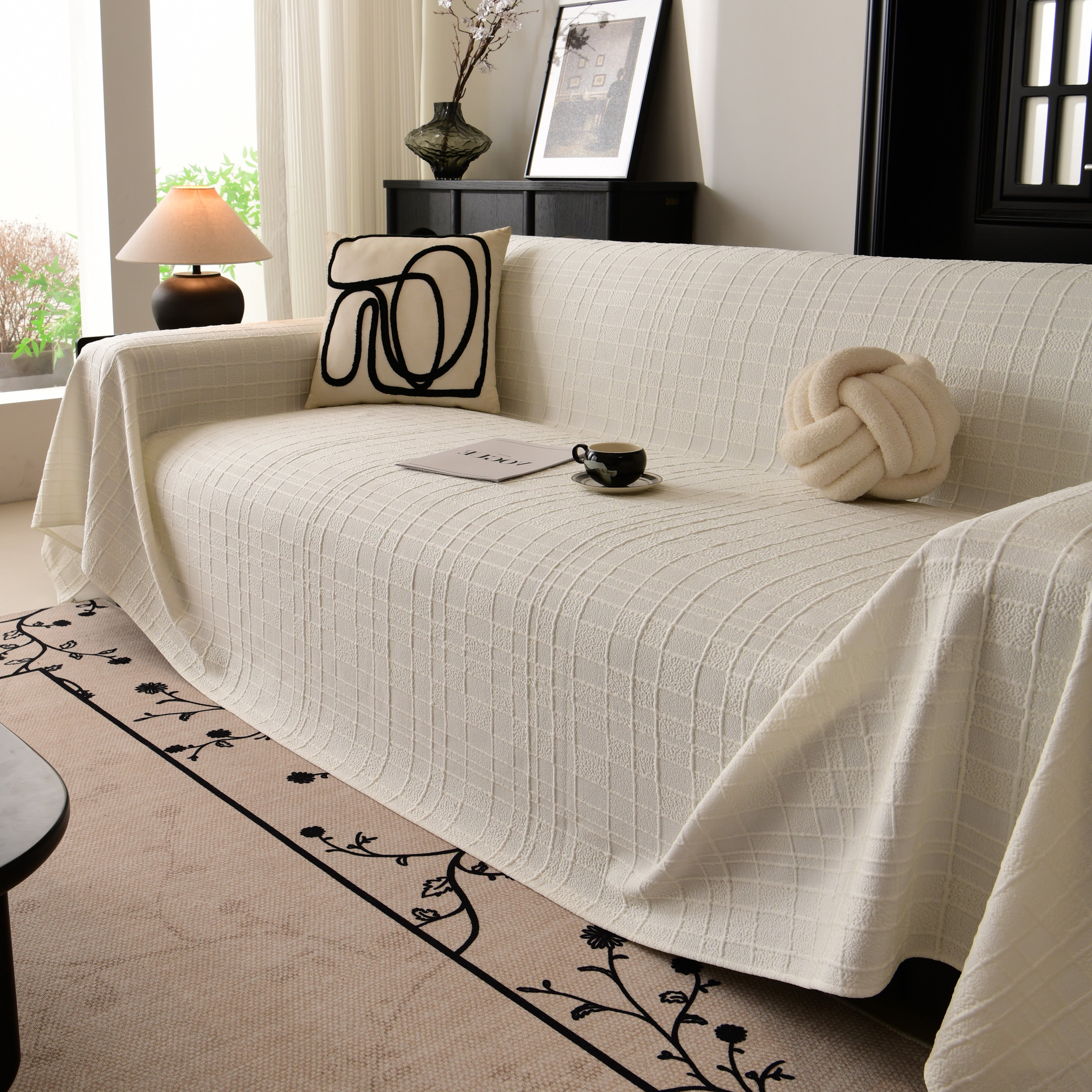 Sofa Cover Throw With Subtle Textured Stripes Lightweight Smooth Couch Slipcover