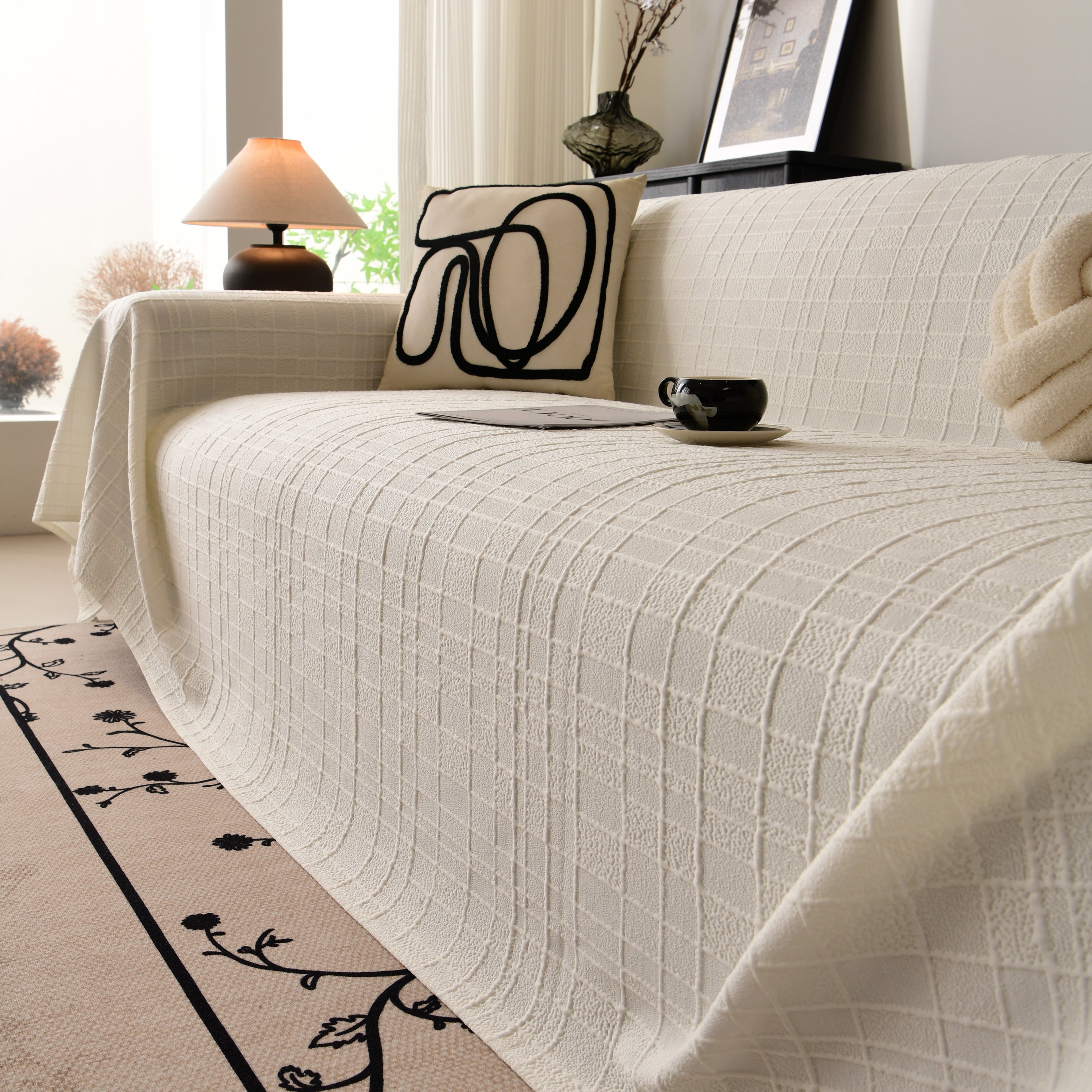 Sofa Cover Throw With Subtle Textured Stripes Lightweight Smooth Couch Slipcover