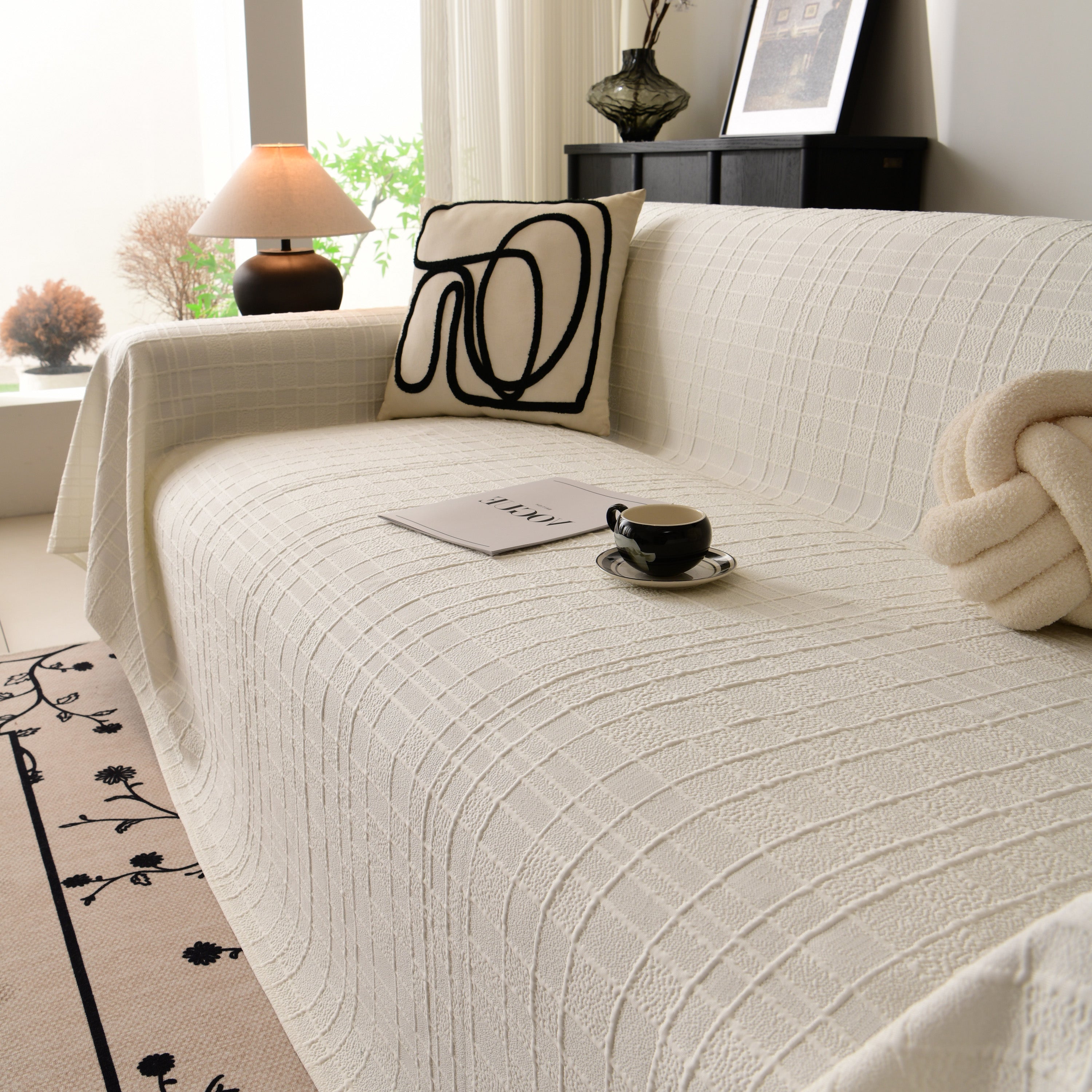 Sofa Cover Throw With Subtle Textured Stripes Lightweight Smooth Couch Slipcover