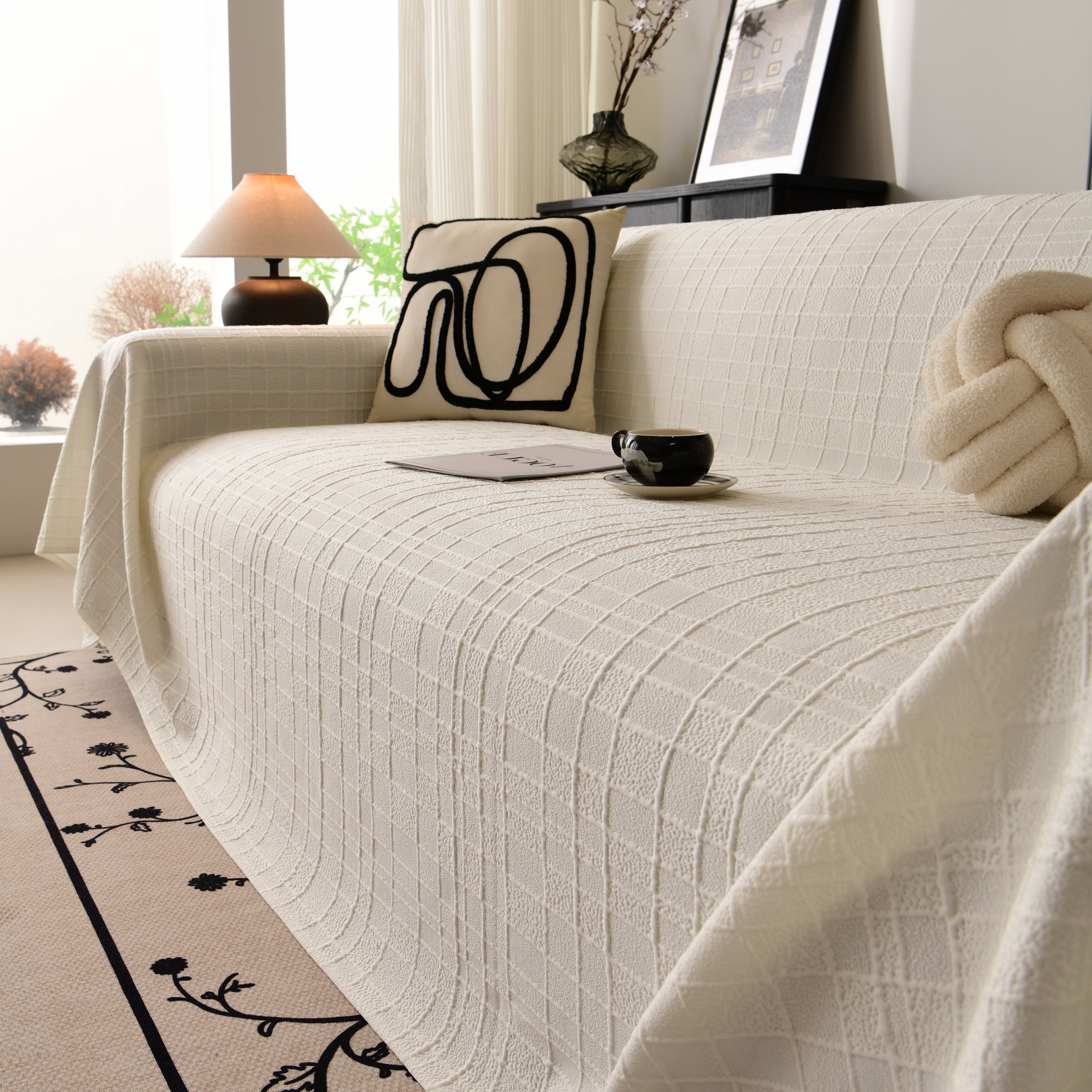 Sofa Cover Throw With Subtle Textured Stripes Lightweight Smooth Couch Slipcover