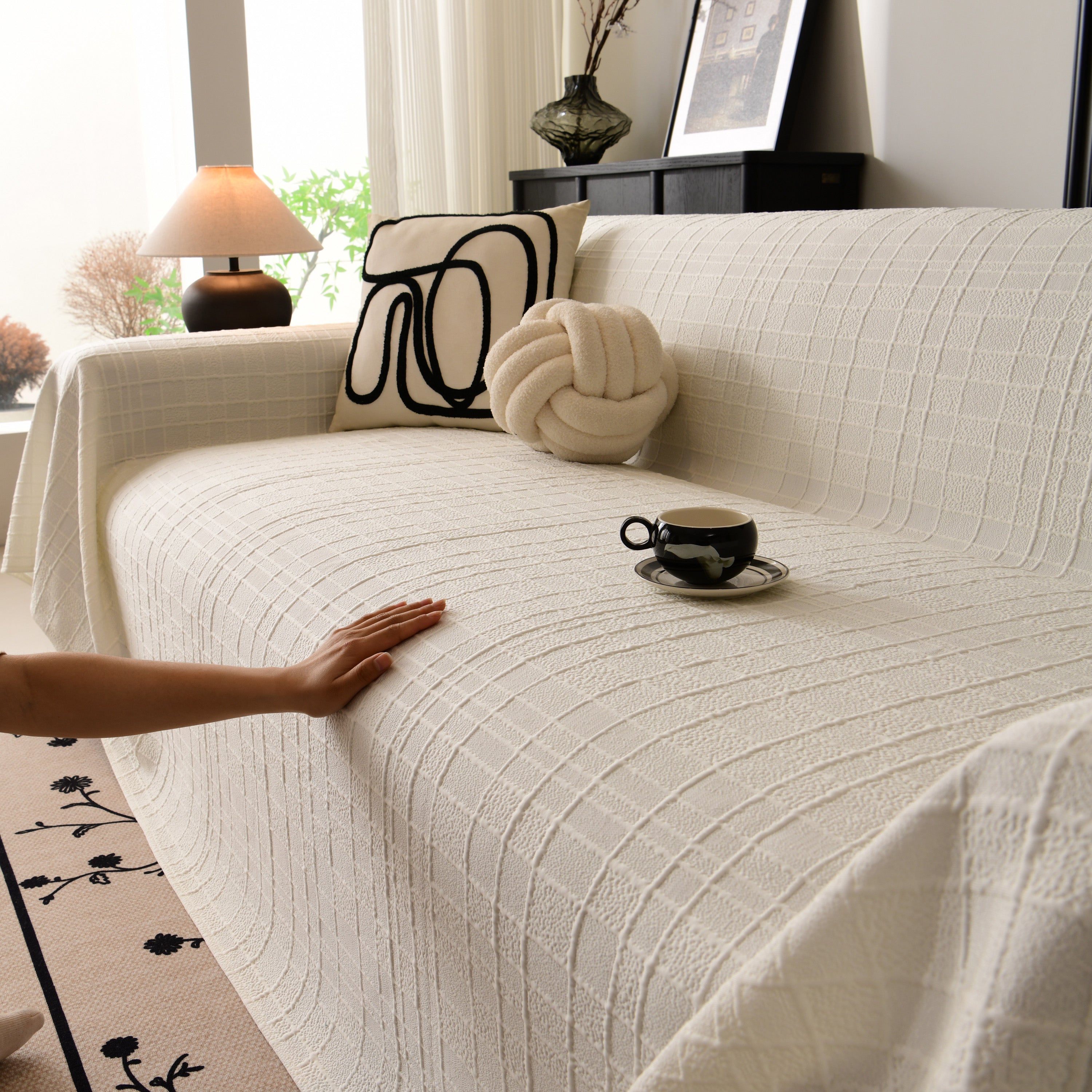 Sofa Cover Throw With Subtle Textured Stripes Lightweight Smooth Couch Slipcover