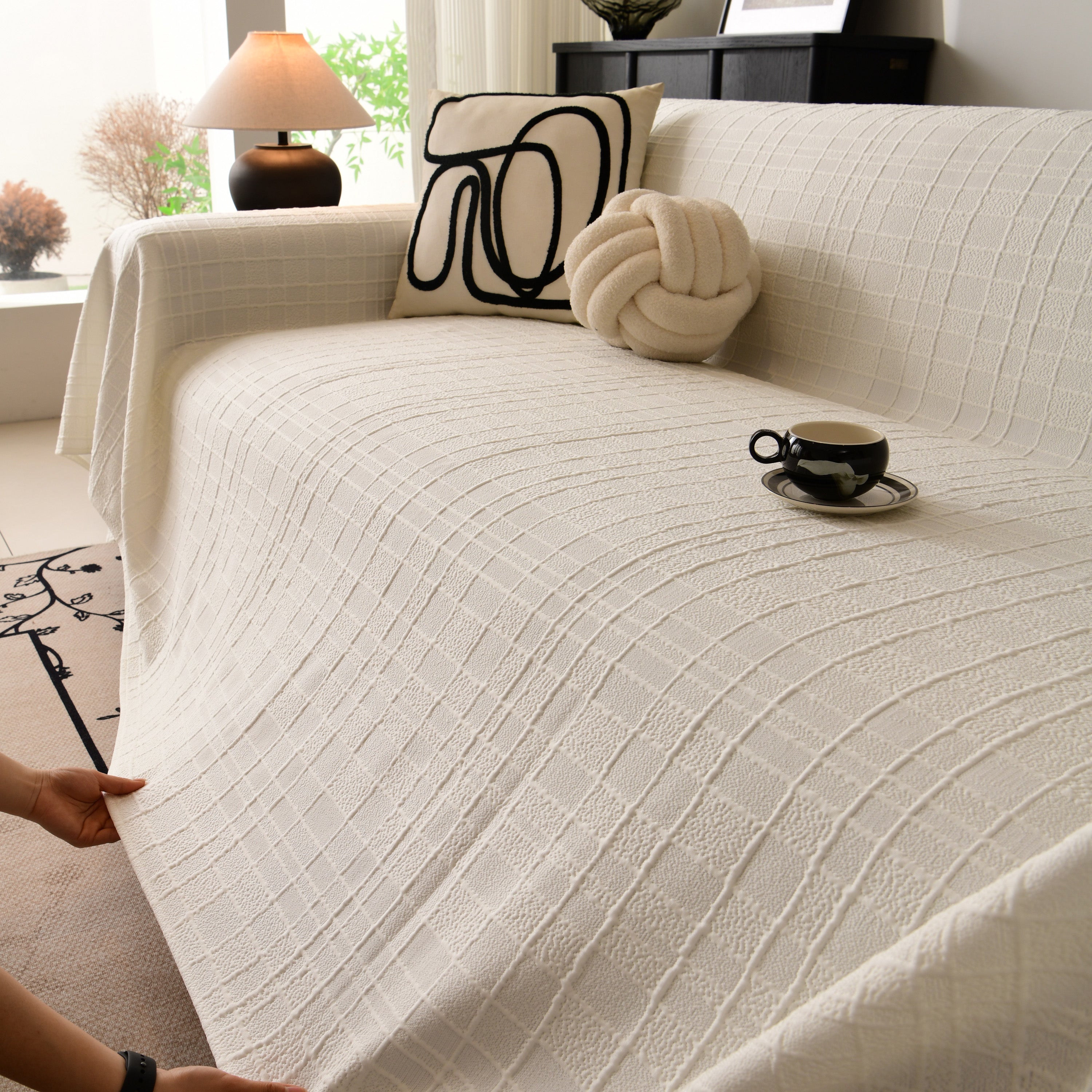 Sofa Cover Throw With Subtle Textured Stripes Lightweight Smooth Couch Slipcover