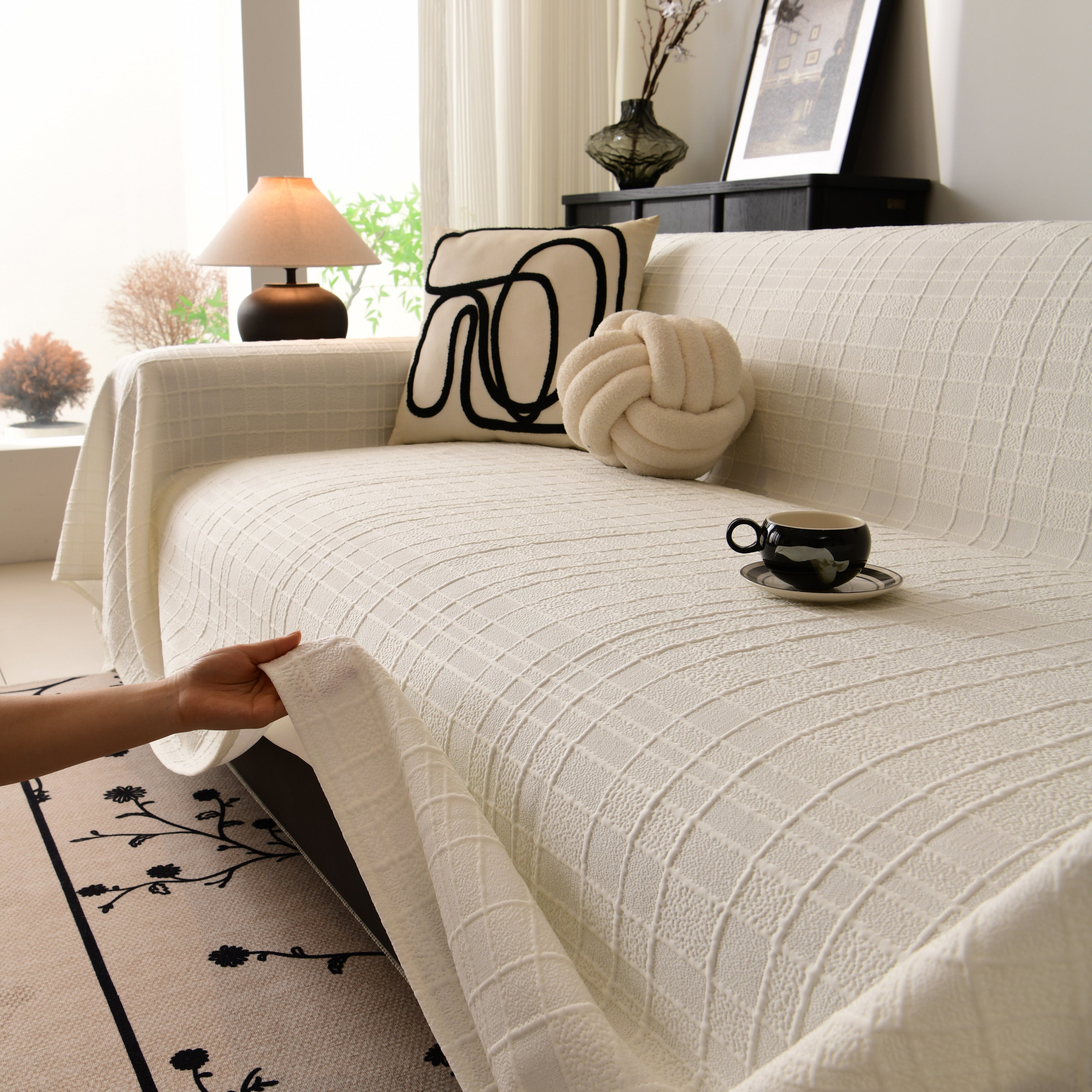 Sofa Cover Throw With Subtle Textured Stripes Lightweight Smooth Couch Slipcover