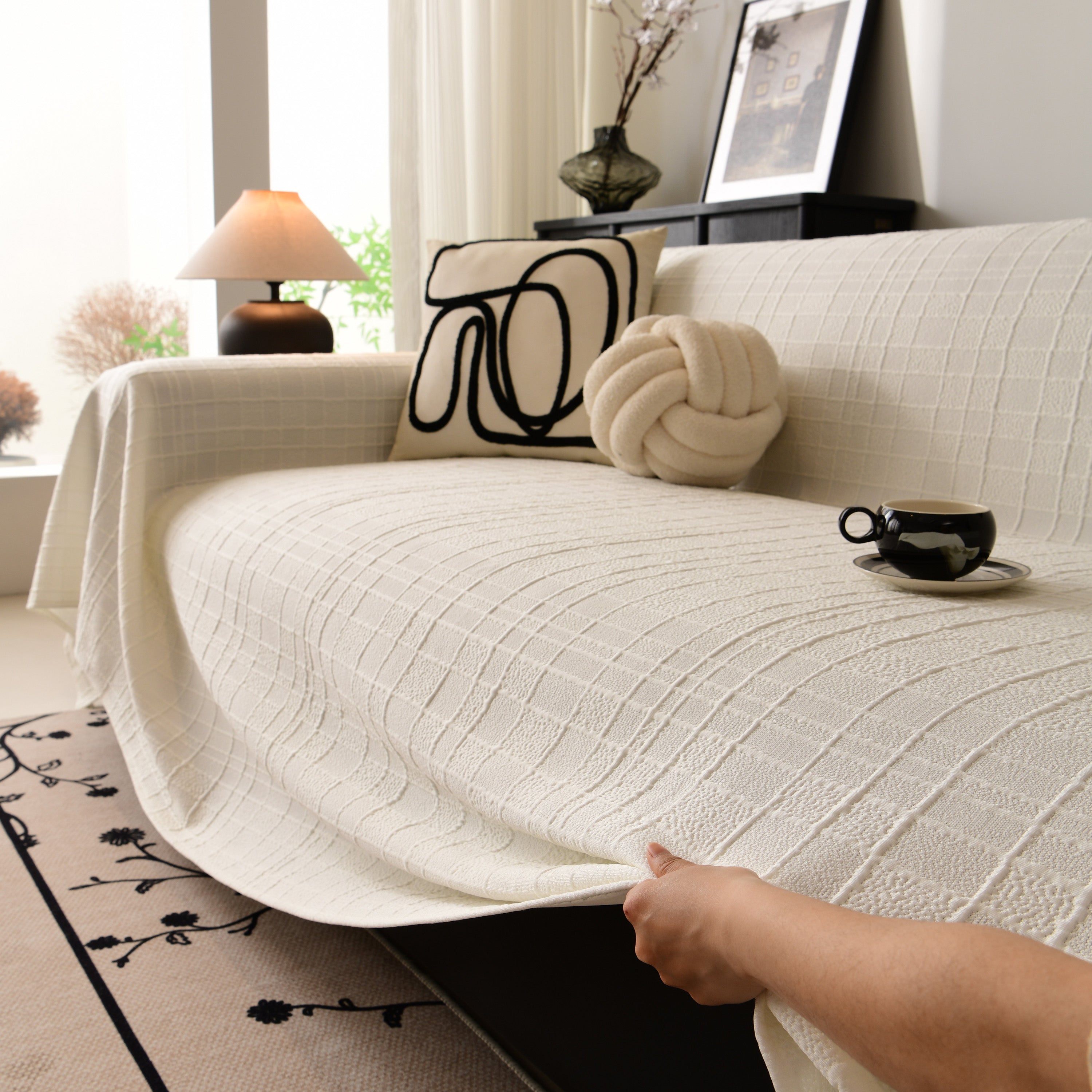 Sofa Cover Throw With Subtle Textured Stripes Lightweight Smooth Couch Slipcover