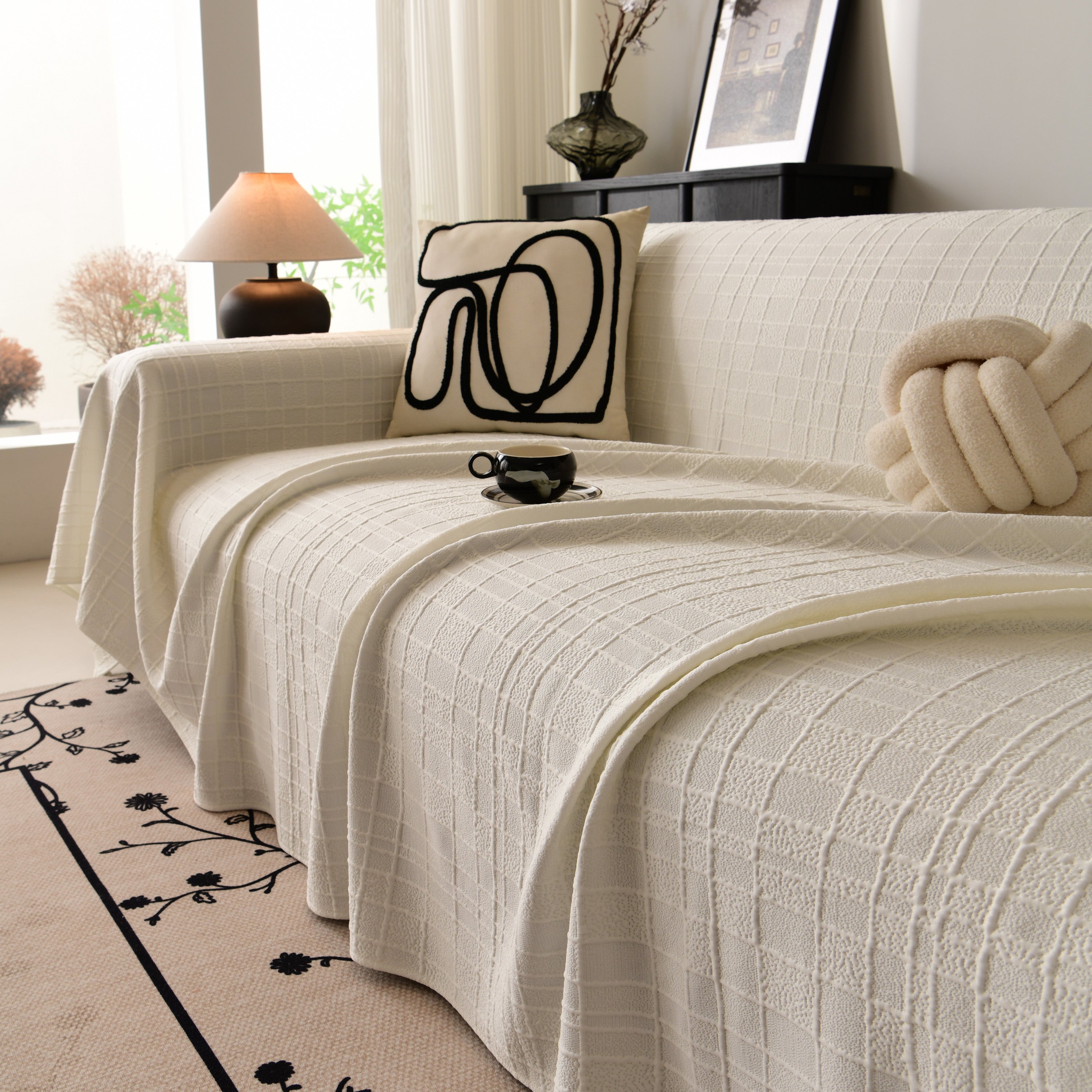 Sofa Cover Throw With Subtle Textured Stripes Lightweight Smooth Couch Slipcover