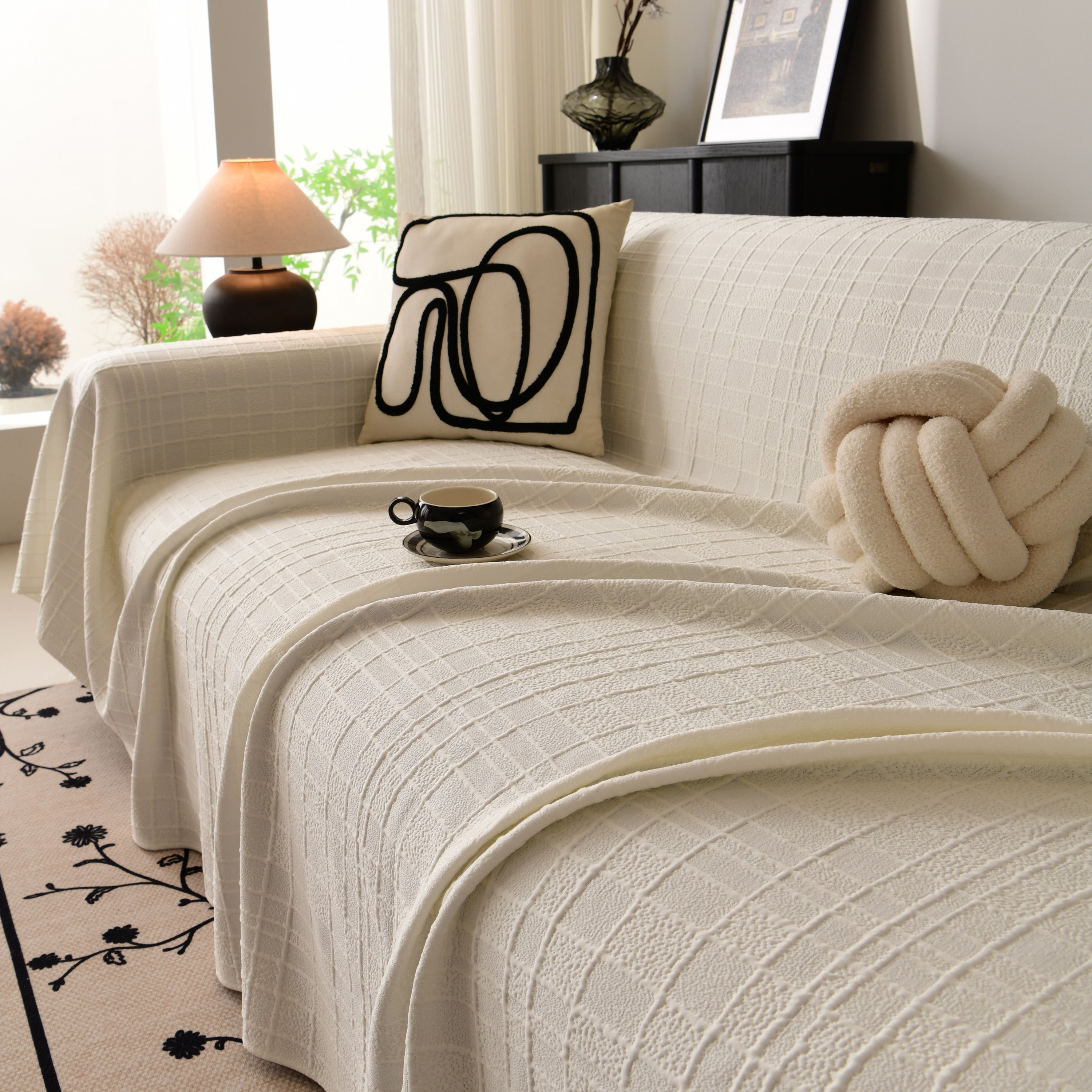 Sofa Cover Throw With Subtle Textured Stripes Lightweight Smooth Couch Slipcover