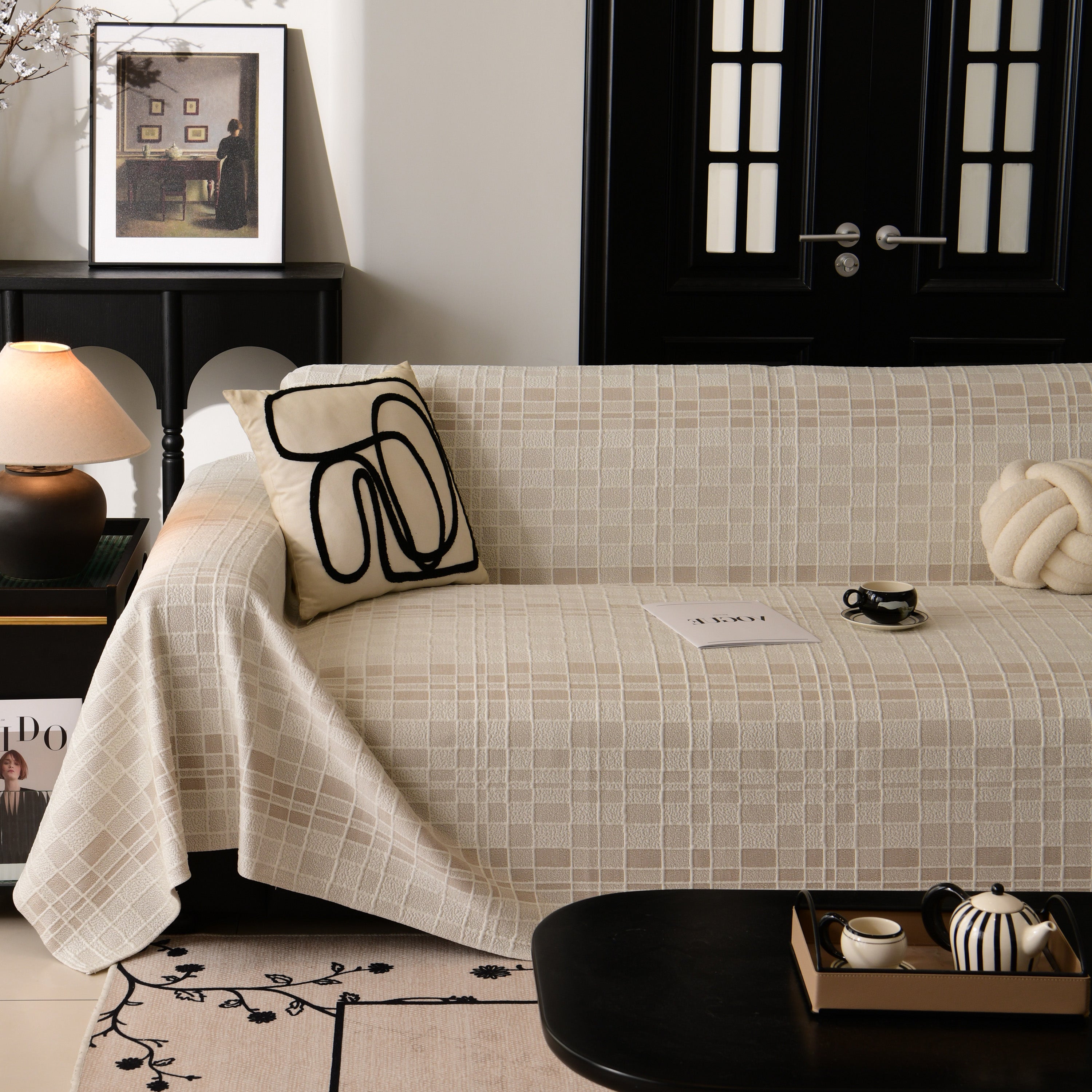 Sofa Cover Throw With Subtle Textured Stripes Lightweight Smooth Couch Slipcover