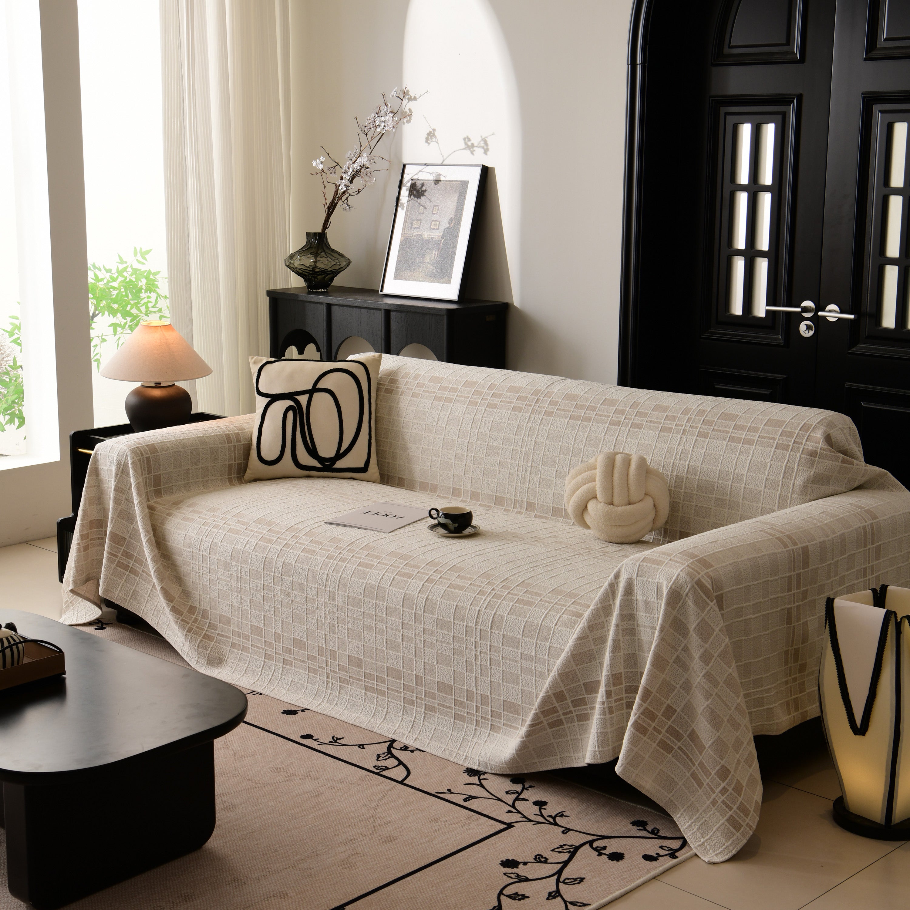 Sofa Cover Throw With Subtle Textured Stripes Lightweight Smooth Couch Slipcover