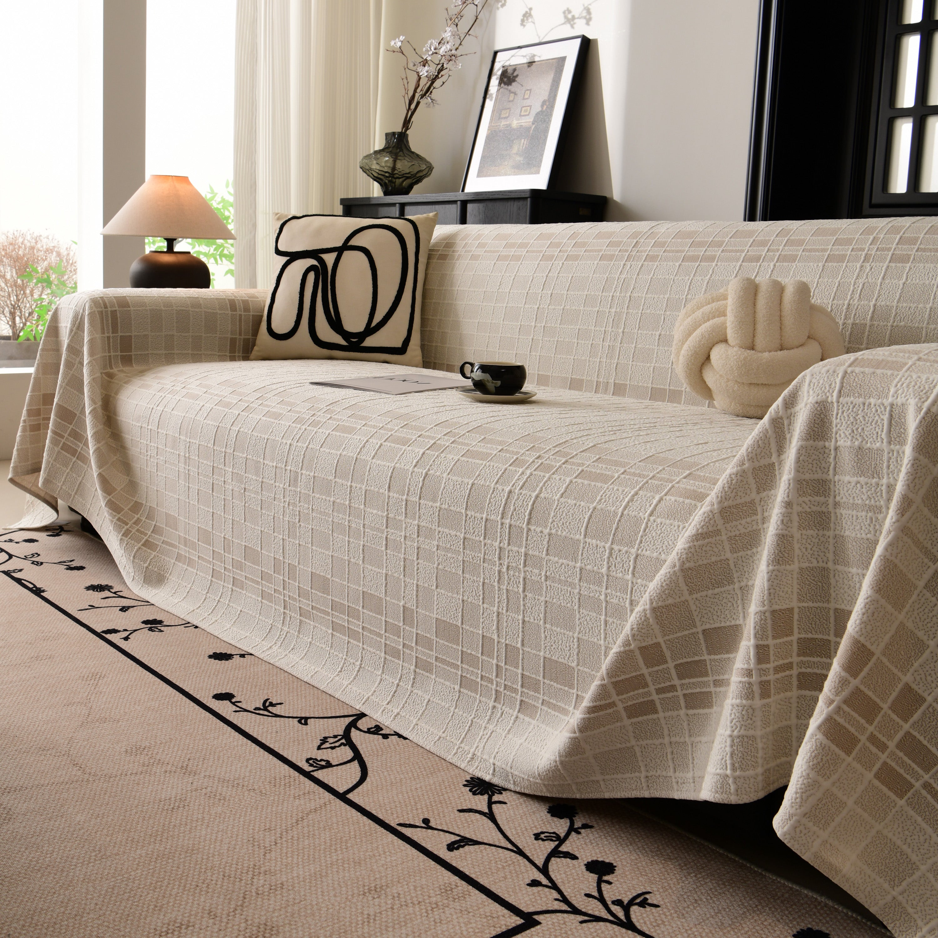 Sofa Cover Throw With Subtle Textured Stripes Lightweight Smooth Couch Slipcover