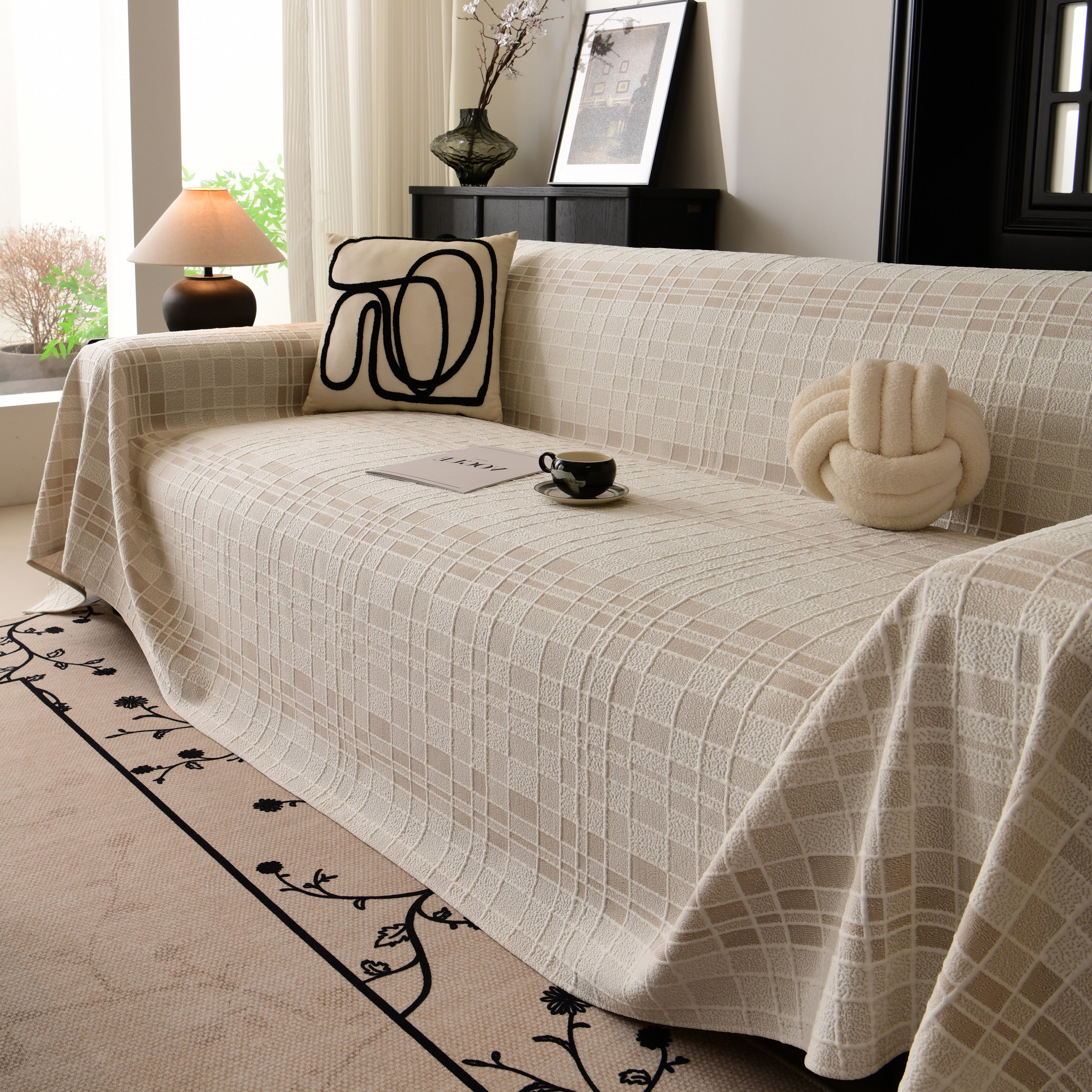 Sofa Cover Throw With Subtle Textured Stripes Lightweight Smooth Couch Slipcover