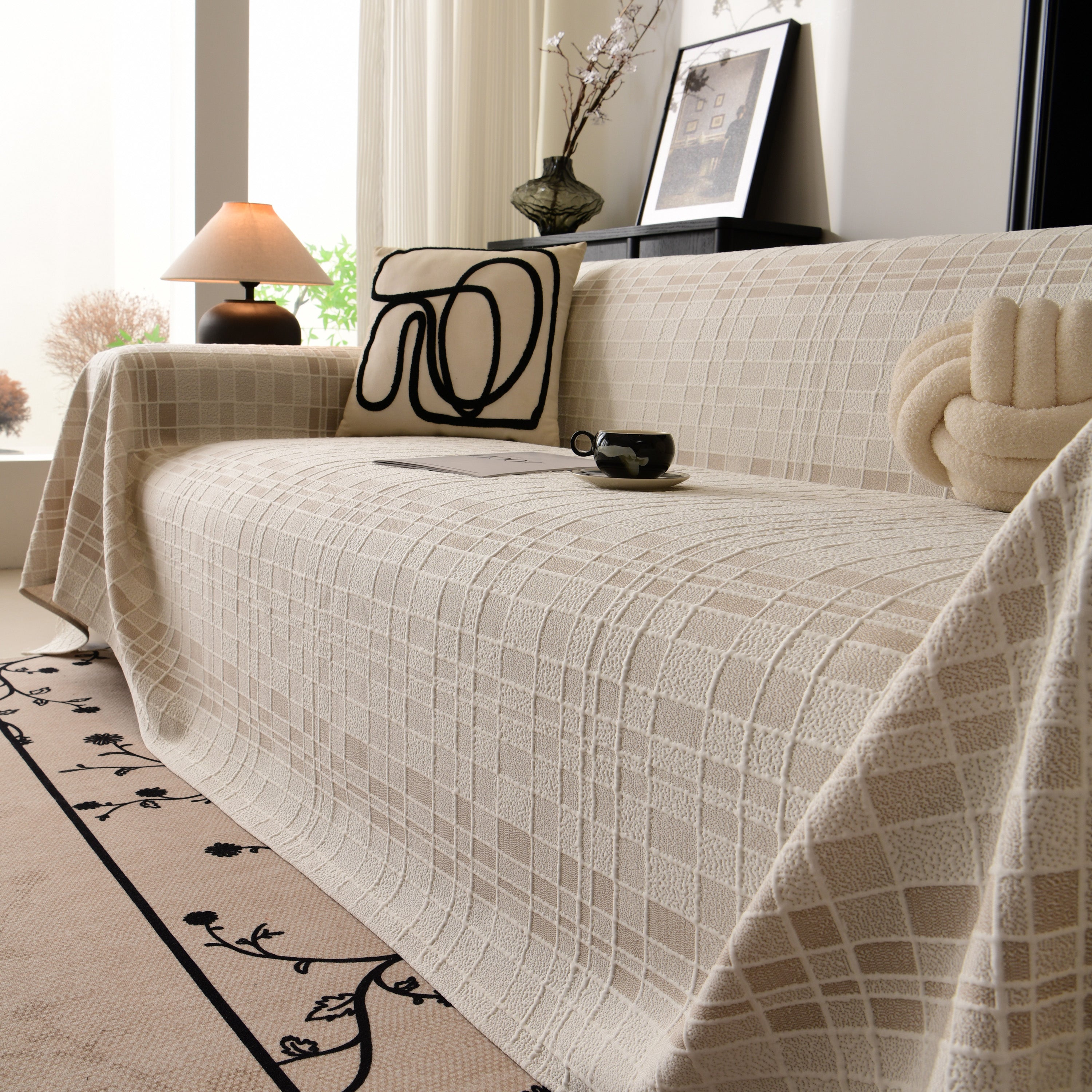 Sofa Cover Throw With Subtle Textured Stripes Lightweight Smooth Couch Slipcover