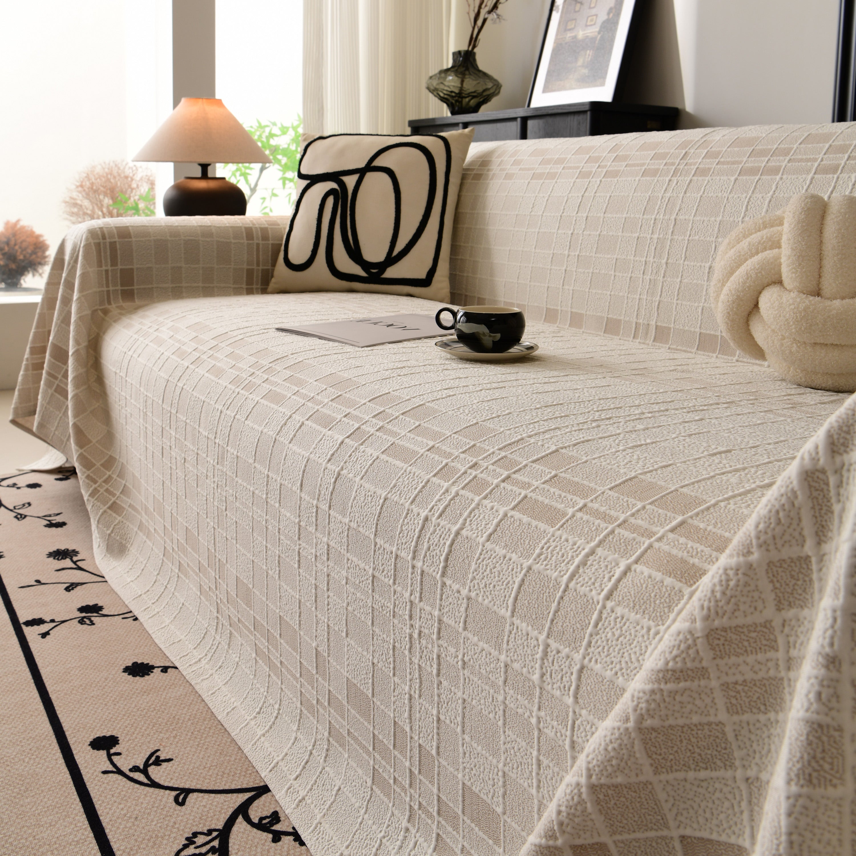 Sofa Cover Throw With Subtle Textured Stripes Lightweight Smooth Couch Slipcover