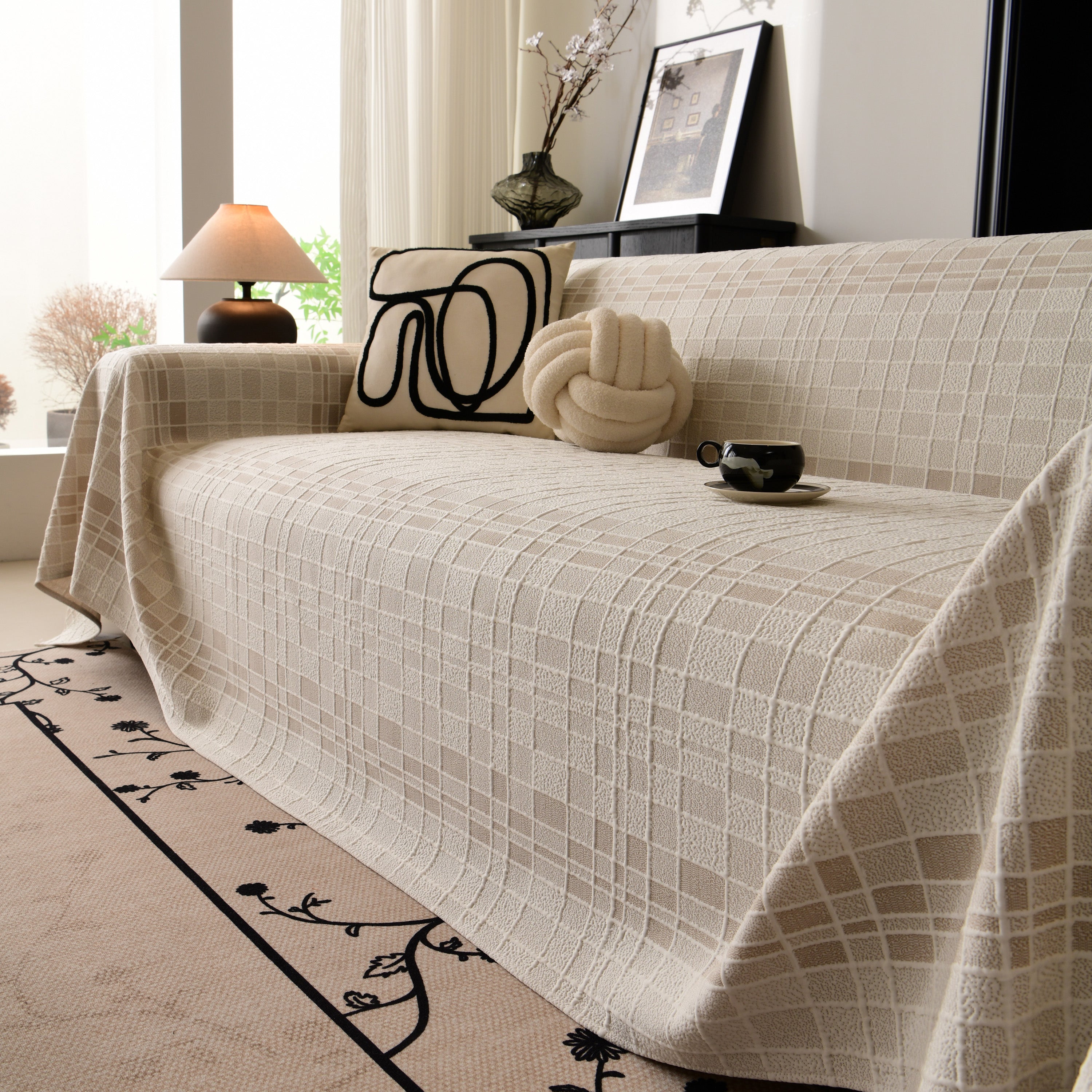 Sofa Cover Throw With Subtle Textured Stripes Lightweight Smooth Couch Slipcover