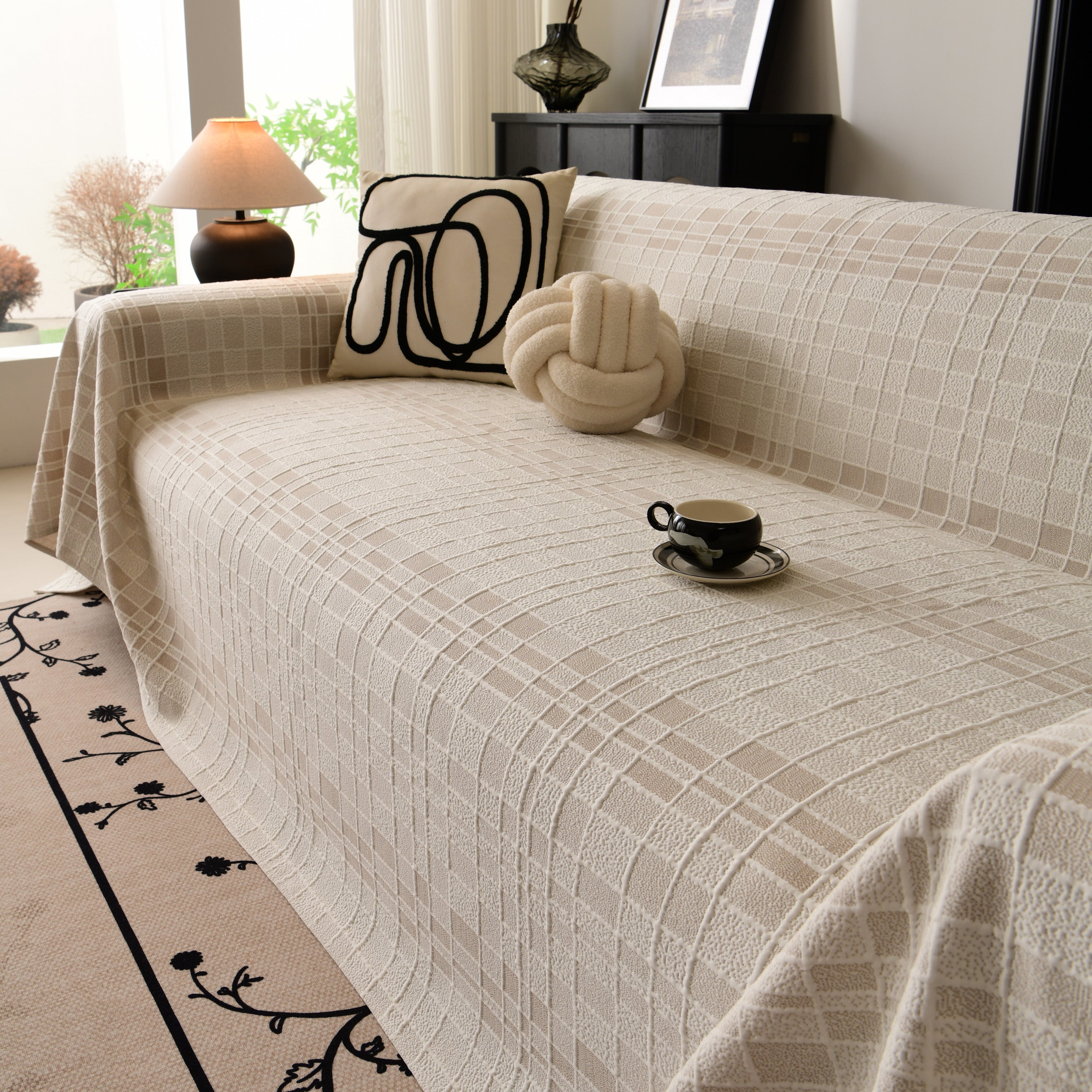 Sofa Cover Throw With Subtle Textured Stripes Lightweight Smooth Couch Slipcover