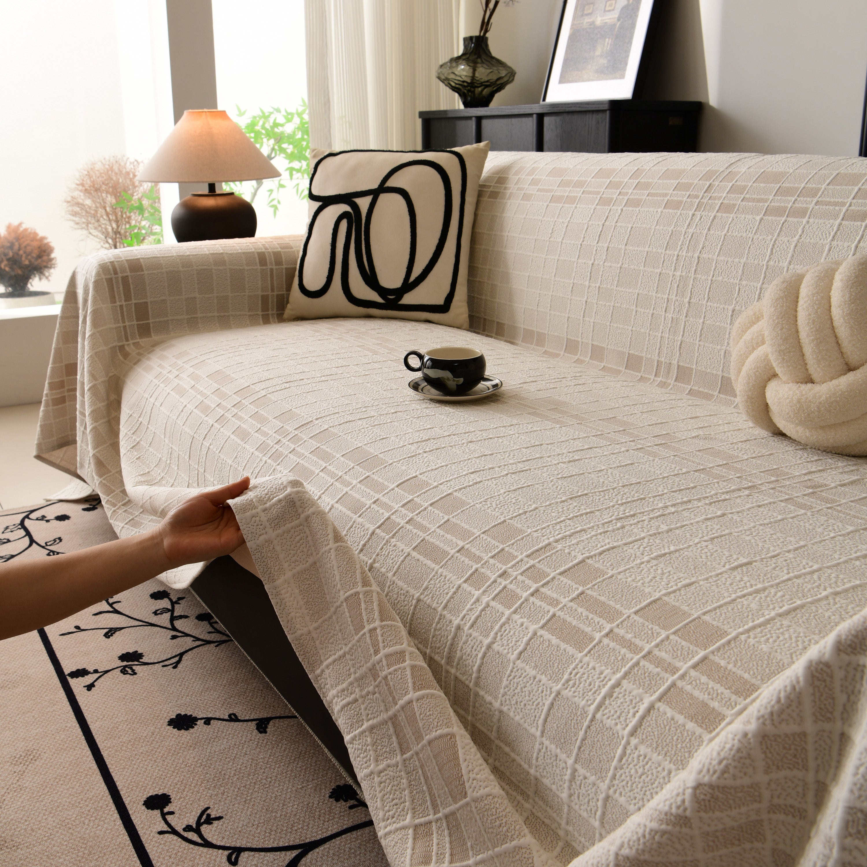 Sofa Cover Throw With Subtle Textured Stripes Lightweight Smooth Couch Slipcover