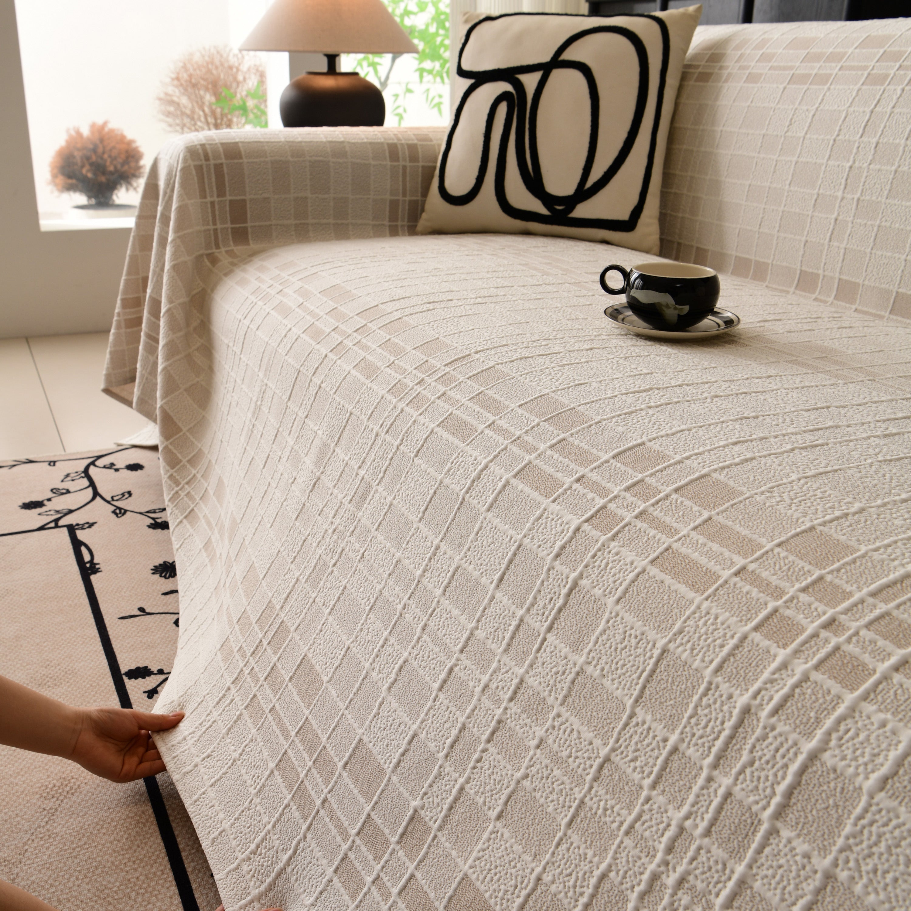 Sofa Cover Throw With Subtle Textured Stripes Lightweight Smooth Couch Slipcover