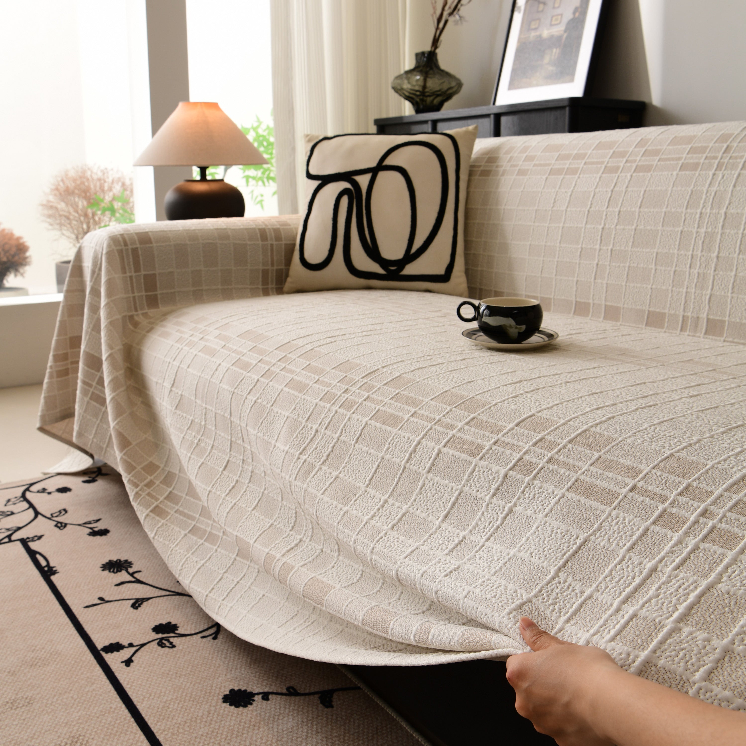 Sofa Cover Throw With Subtle Textured Stripes Lightweight Smooth Couch Slipcover