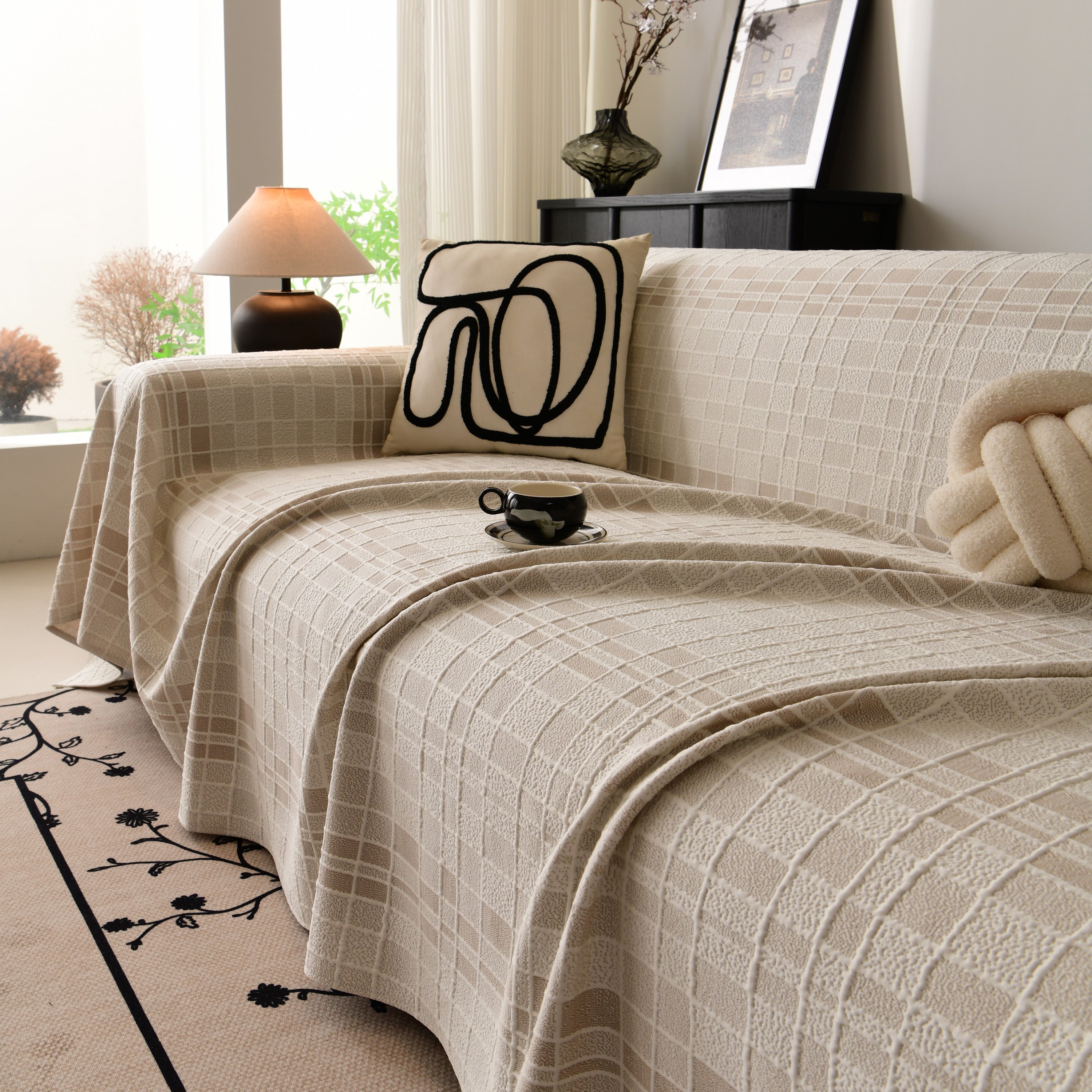 Sofa Cover Throw With Subtle Textured Stripes Lightweight Smooth Couch Slipcover