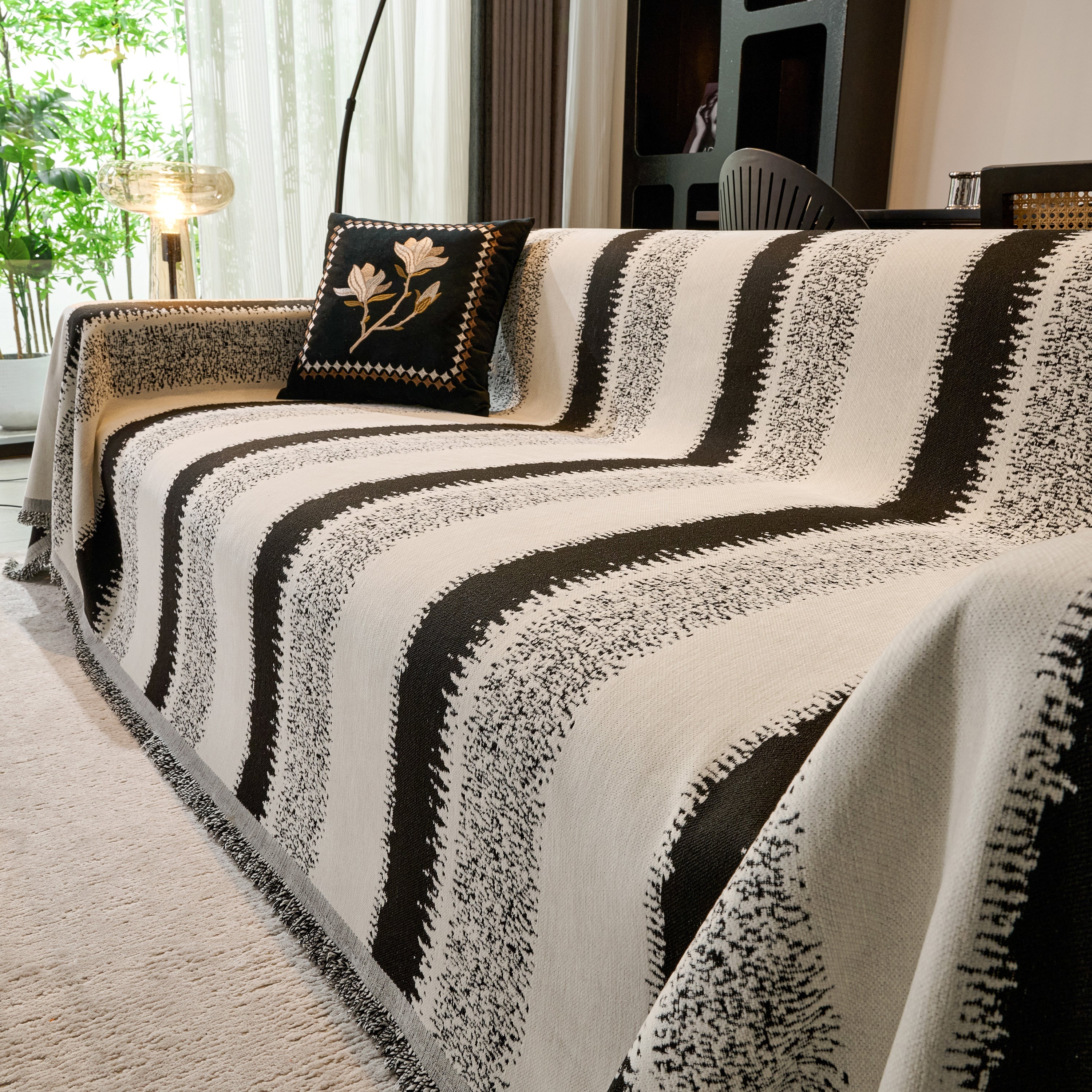 Chenille Reversible Rainbow Couch Cover Blanket For Sofas, Pet Friendly Couch Slipcovers With Tassel