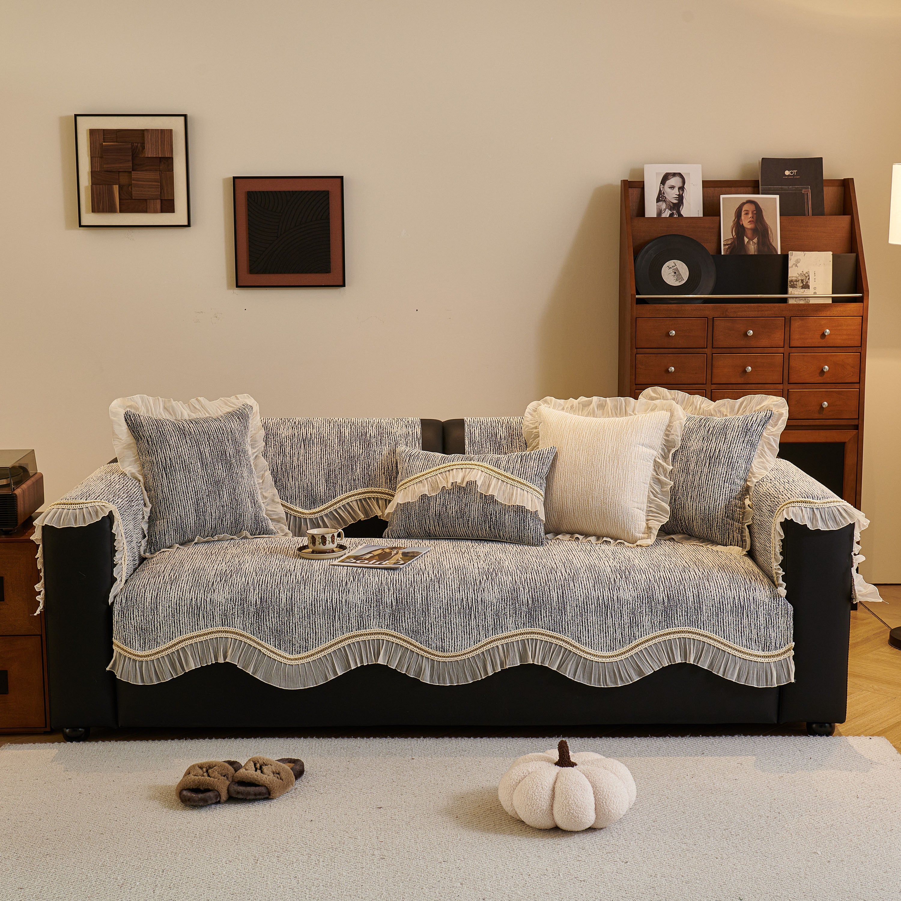 French Vintage Style Couch Cover With Skirt,  Non-slip Sectional Furniture Covers