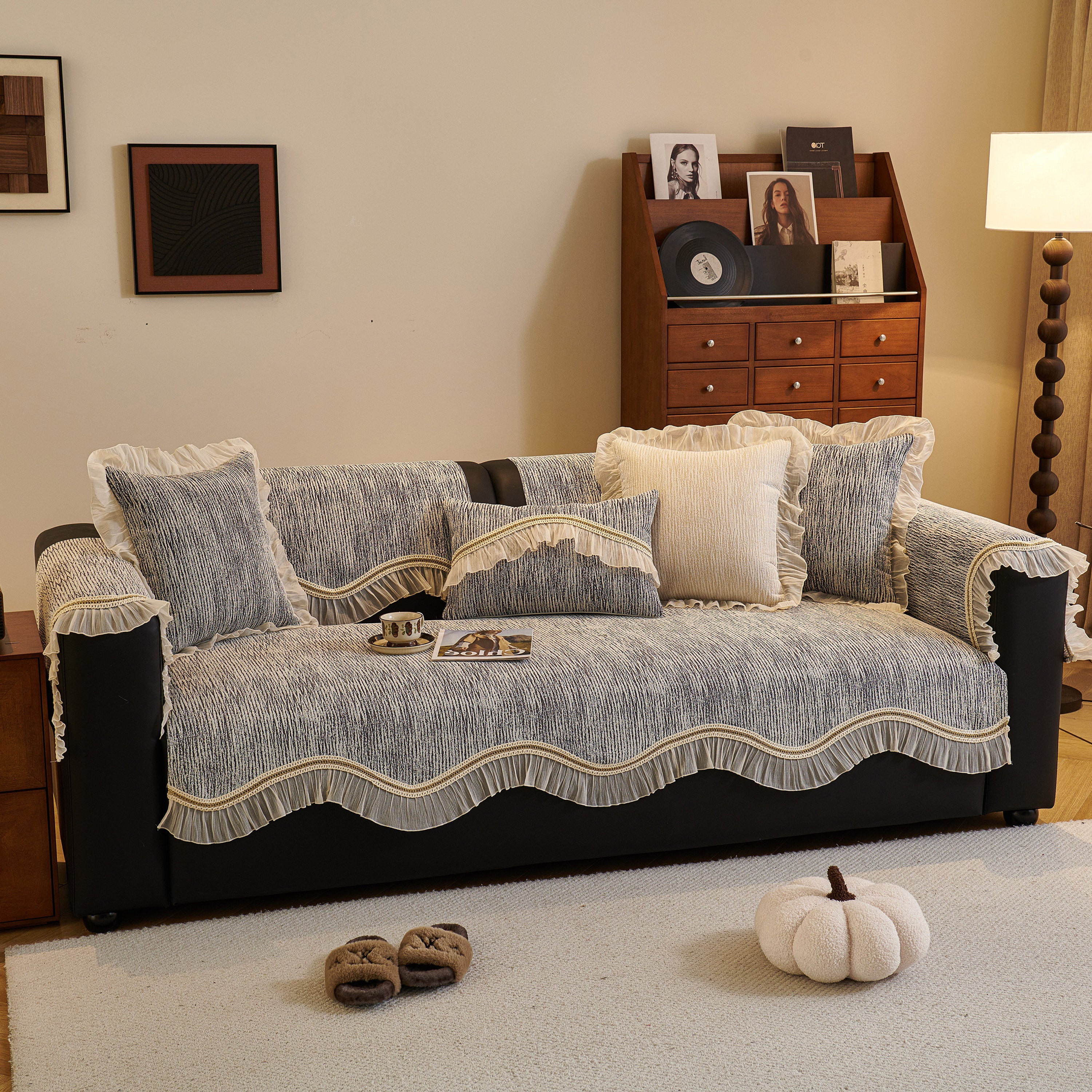 French Vintage Style Couch Cover With Skirt,  Non-slip Sectional Furniture Covers