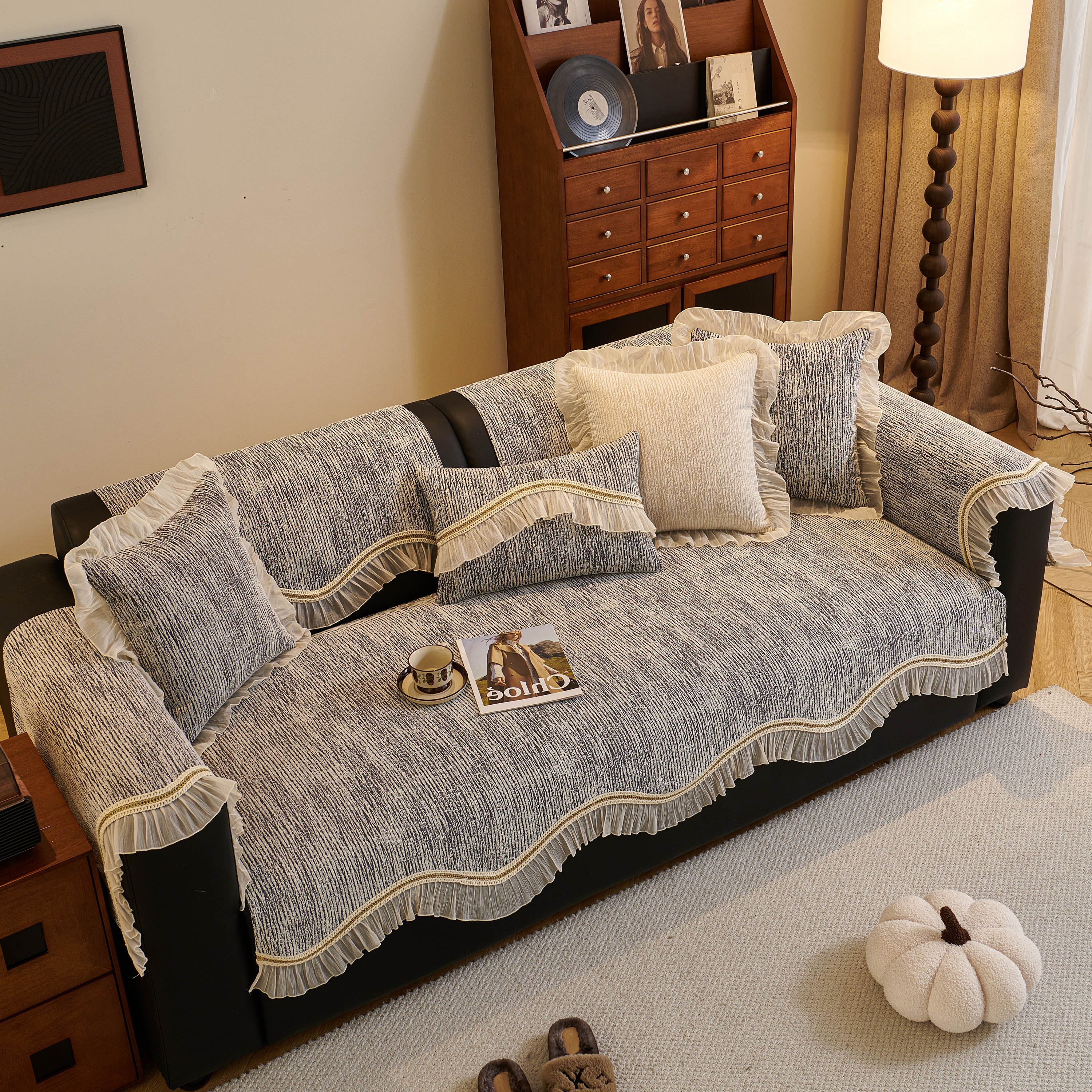 French Vintage Style Couch Cover With Skirt,  Non-slip Sectional Furniture Covers