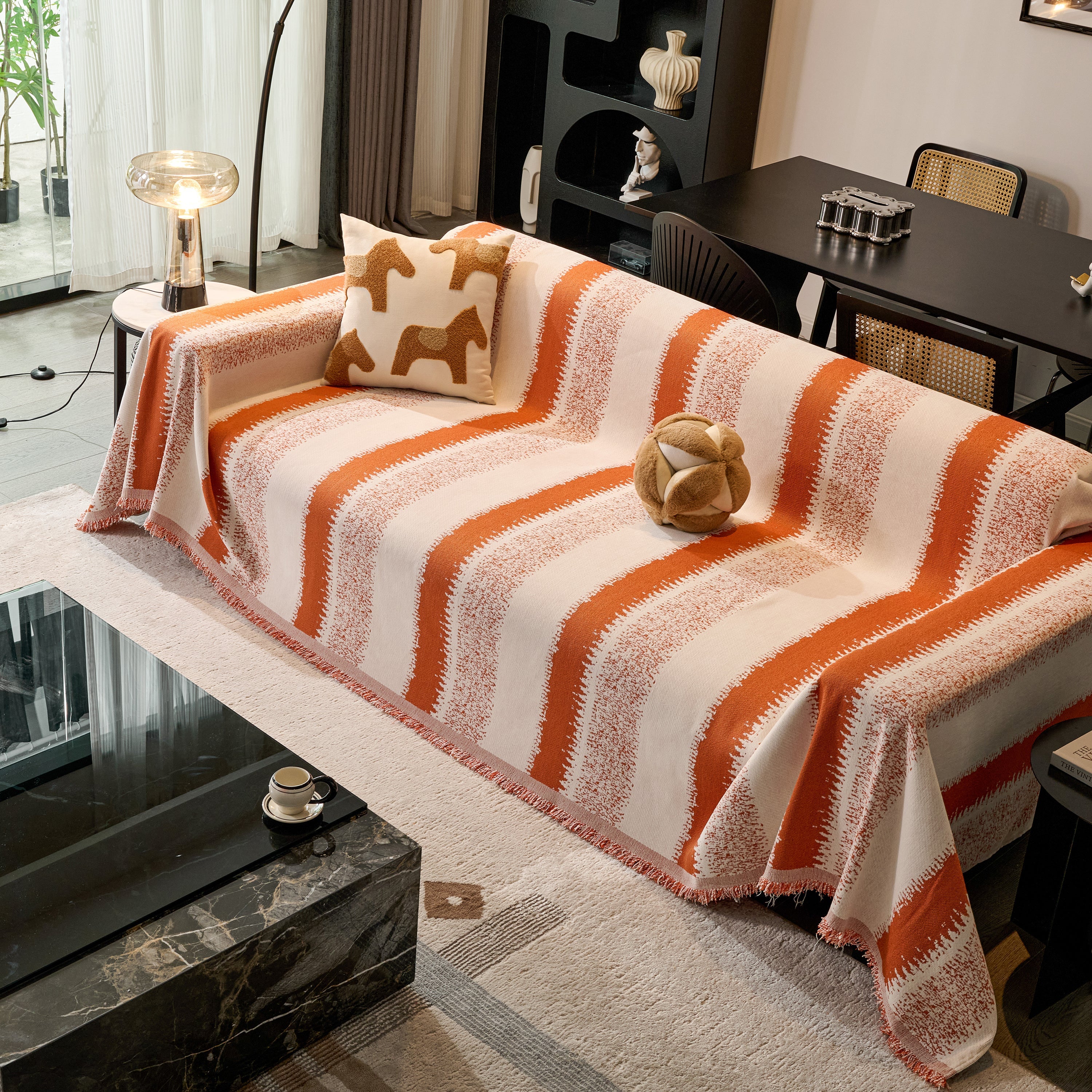 Chenille Reversible Rainbow Couch Cover Blanket For Sofas, Pet Friendly Couch Slipcovers With Tassel