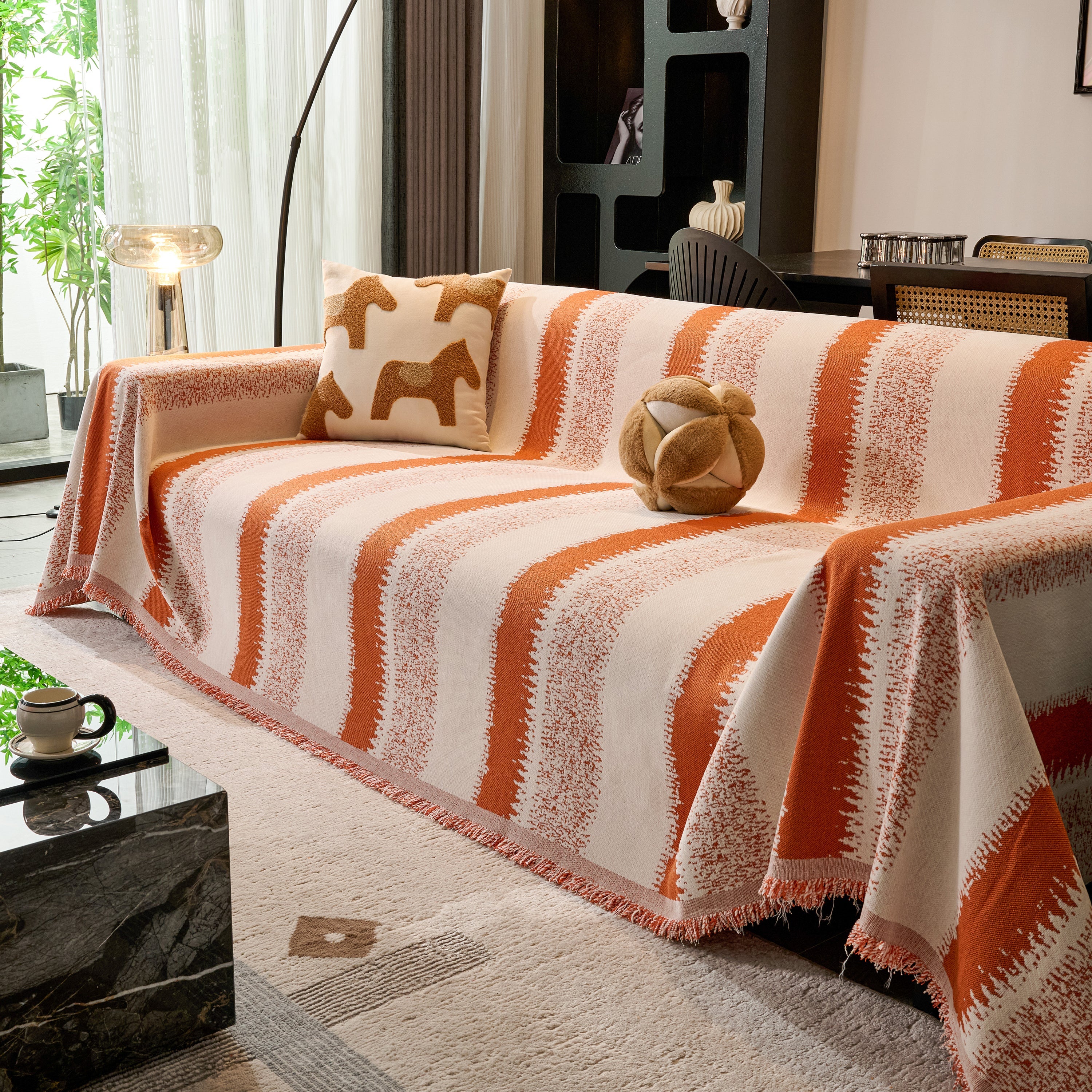 Chenille Reversible Rainbow Couch Cover Blanket For Sofas, Pet Friendly Couch Slipcovers With Tassel