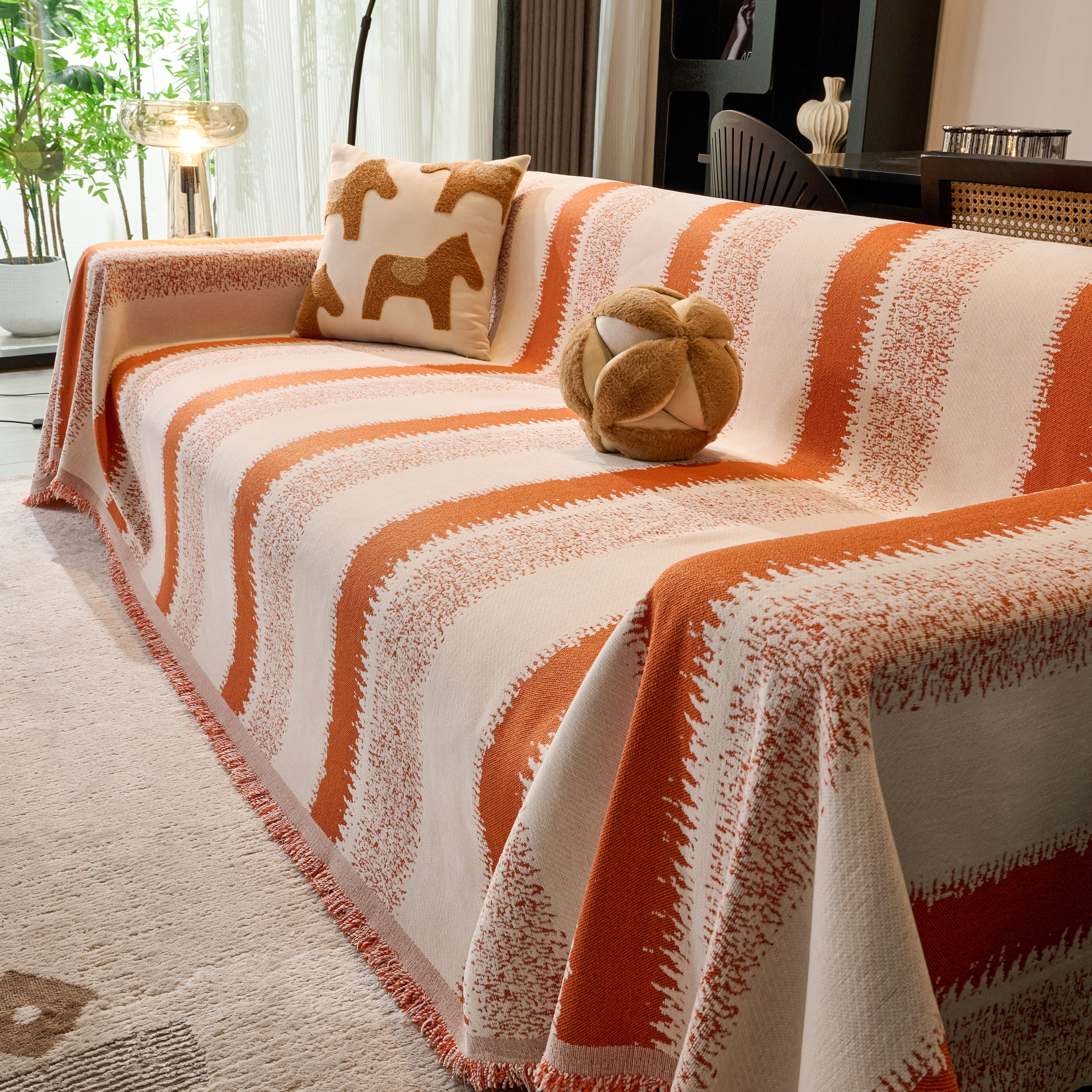 Chenille Reversible Rainbow Couch Cover Blanket For Sofas, Pet Friendly Couch Slipcovers With Tassel