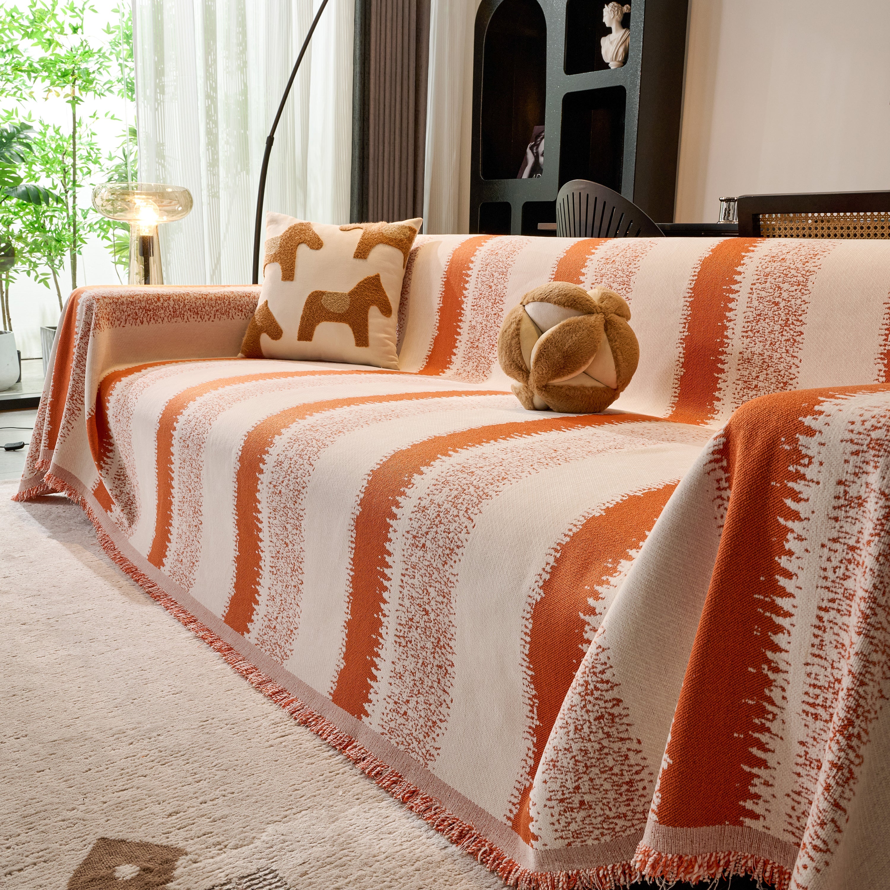 Chenille Reversible Rainbow Couch Cover Blanket For Sofas, Pet Friendly Couch Slipcovers With Tassel