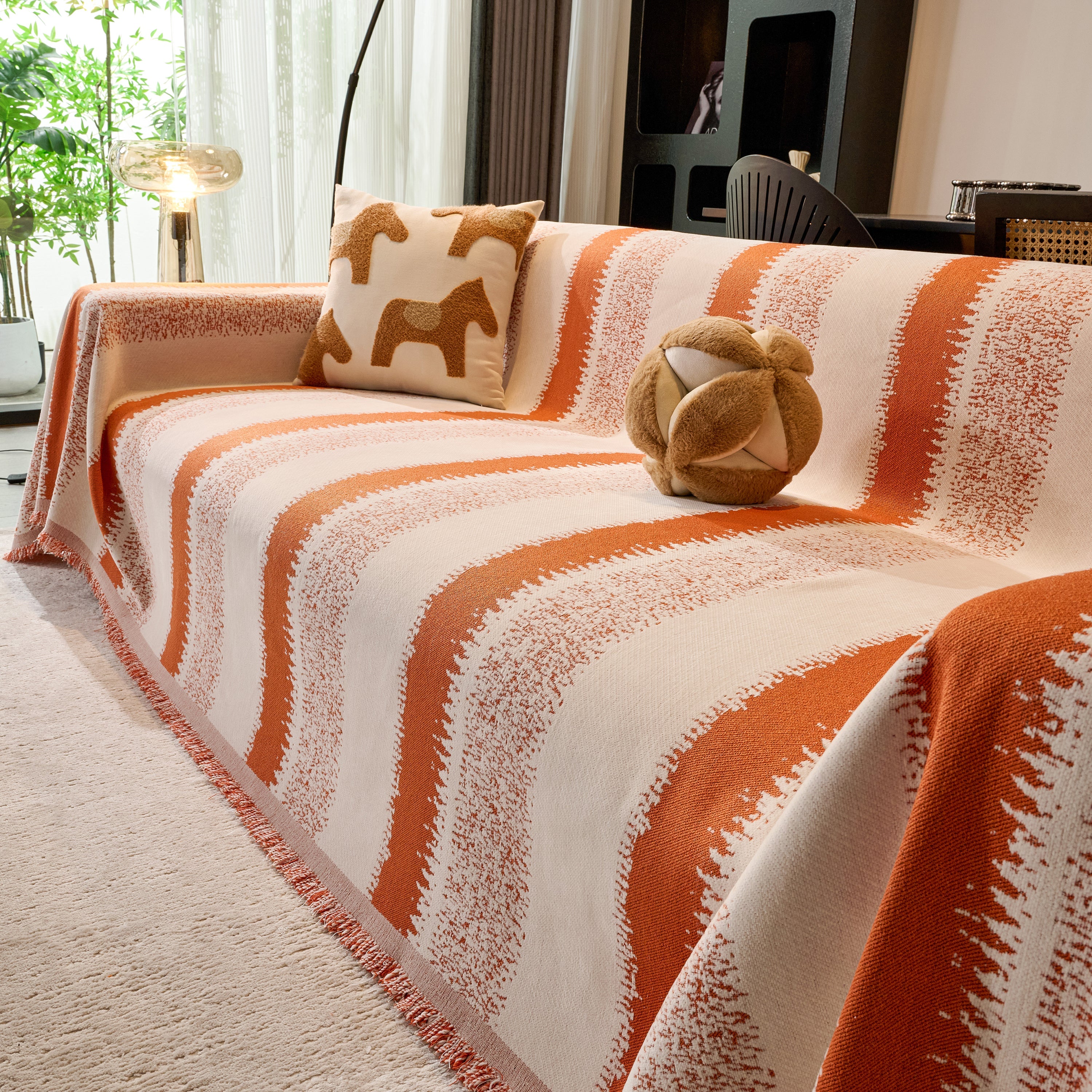 Chenille Reversible Rainbow Couch Cover Blanket For Sofas, Pet Friendly Couch Slipcovers With Tassel