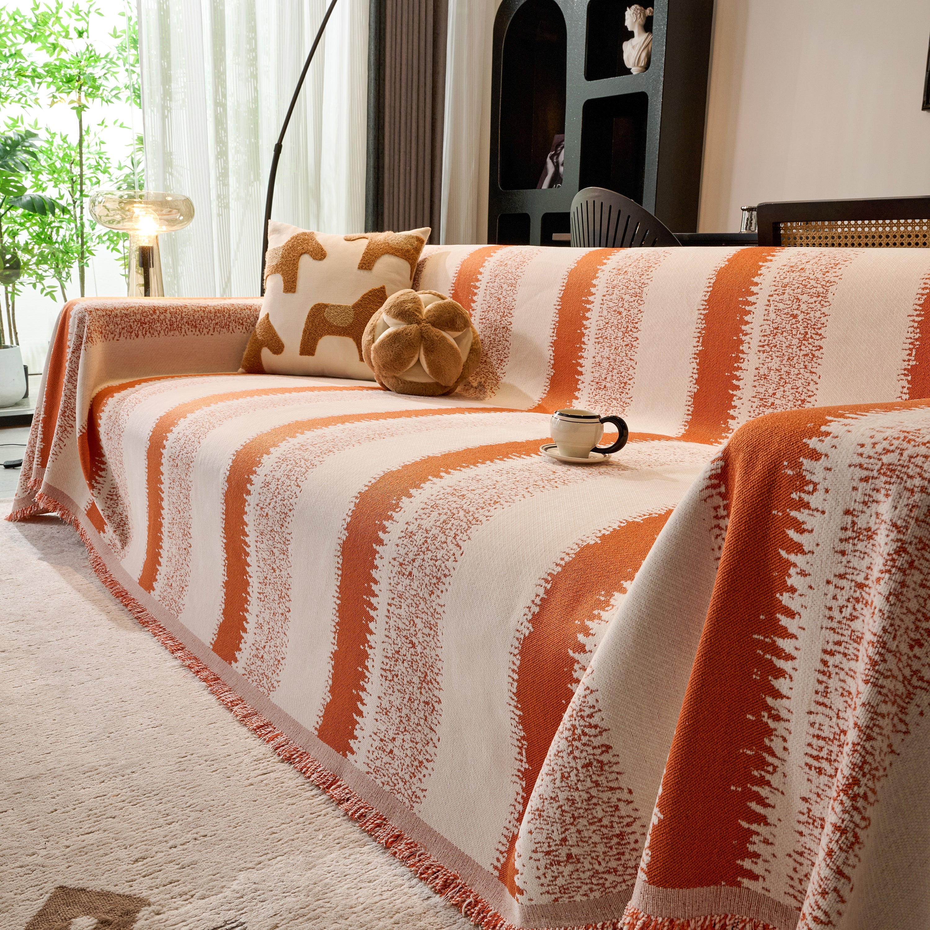 Chenille Reversible Rainbow Couch Cover Blanket For Sofas, Pet Friendly Couch Slipcovers With Tassel