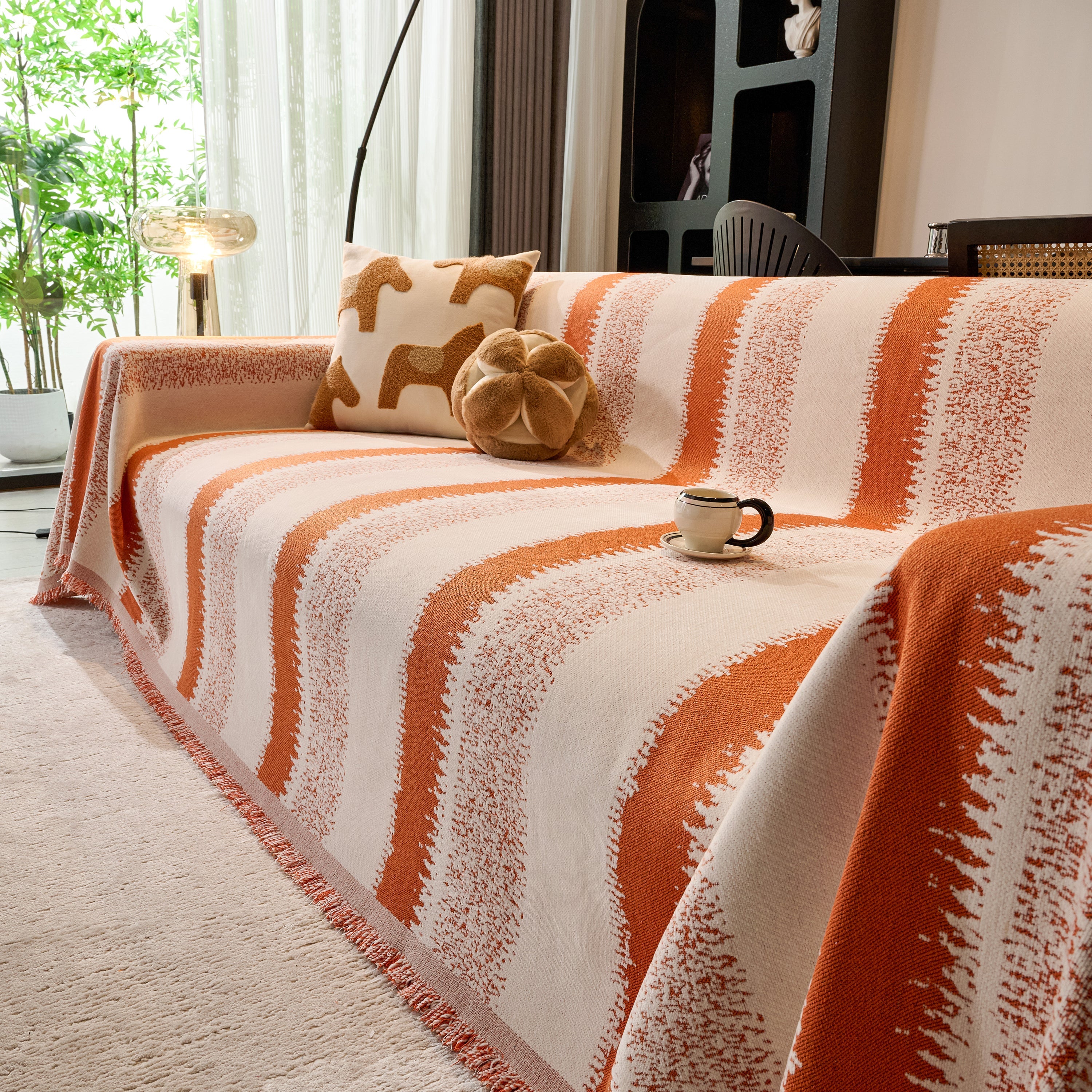 Chenille Reversible Rainbow Couch Cover Blanket For Sofas, Pet Friendly Couch Slipcovers With Tassel