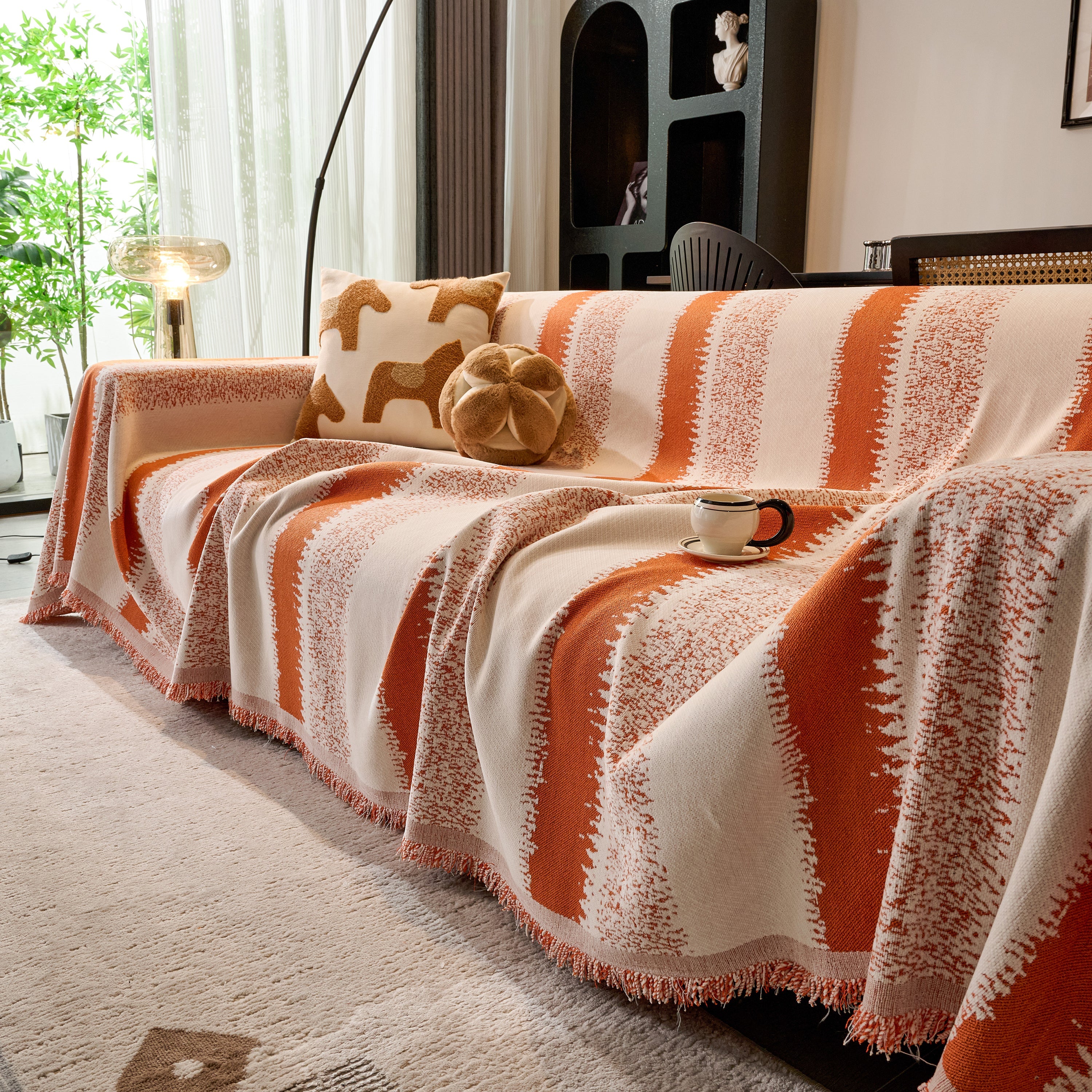 Chenille Reversible Rainbow Couch Cover Blanket For Sofas, Pet Friendly Couch Slipcovers With Tassel