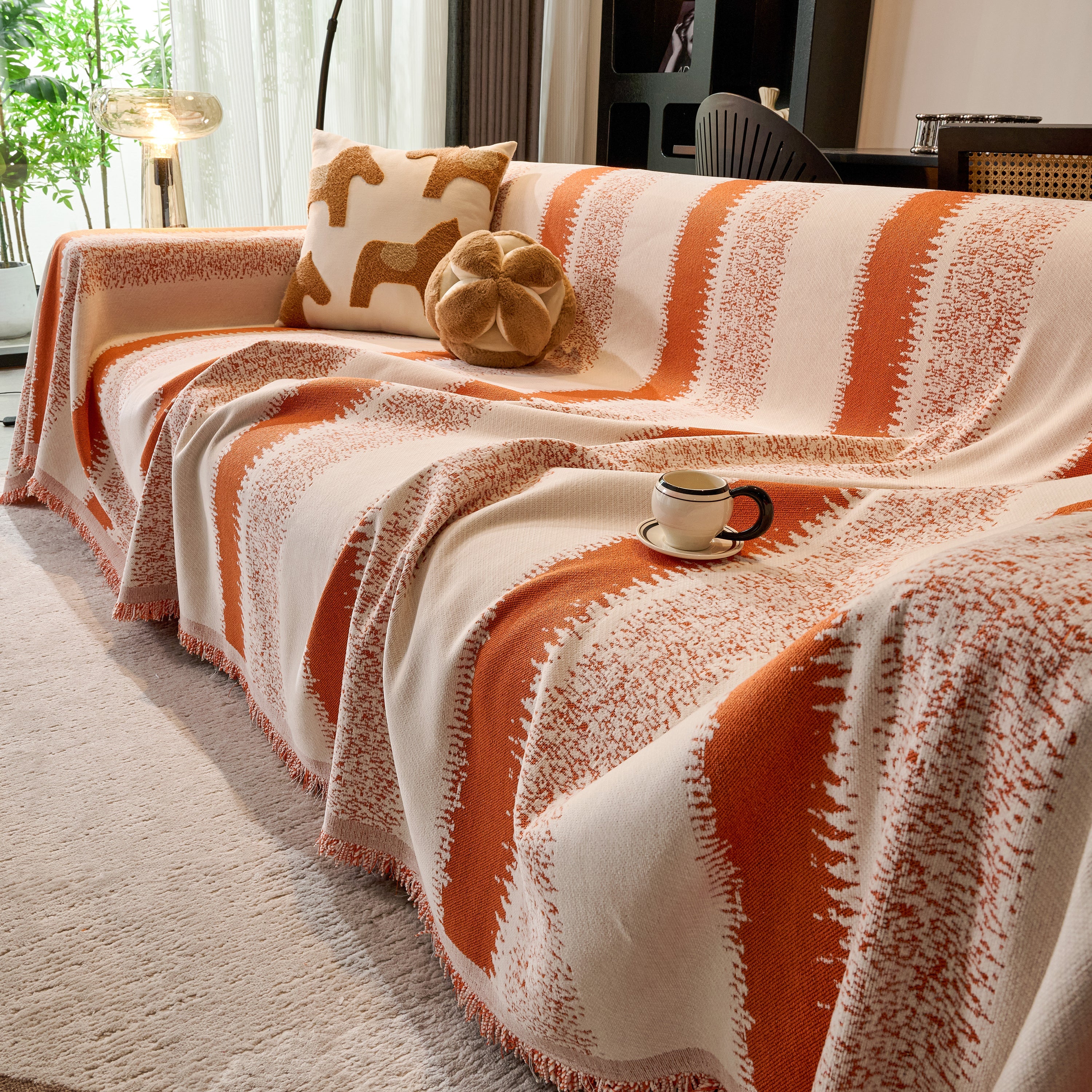 Chenille Reversible Rainbow Couch Cover Blanket For Sofas, Pet Friendly Couch Slipcovers With Tassel