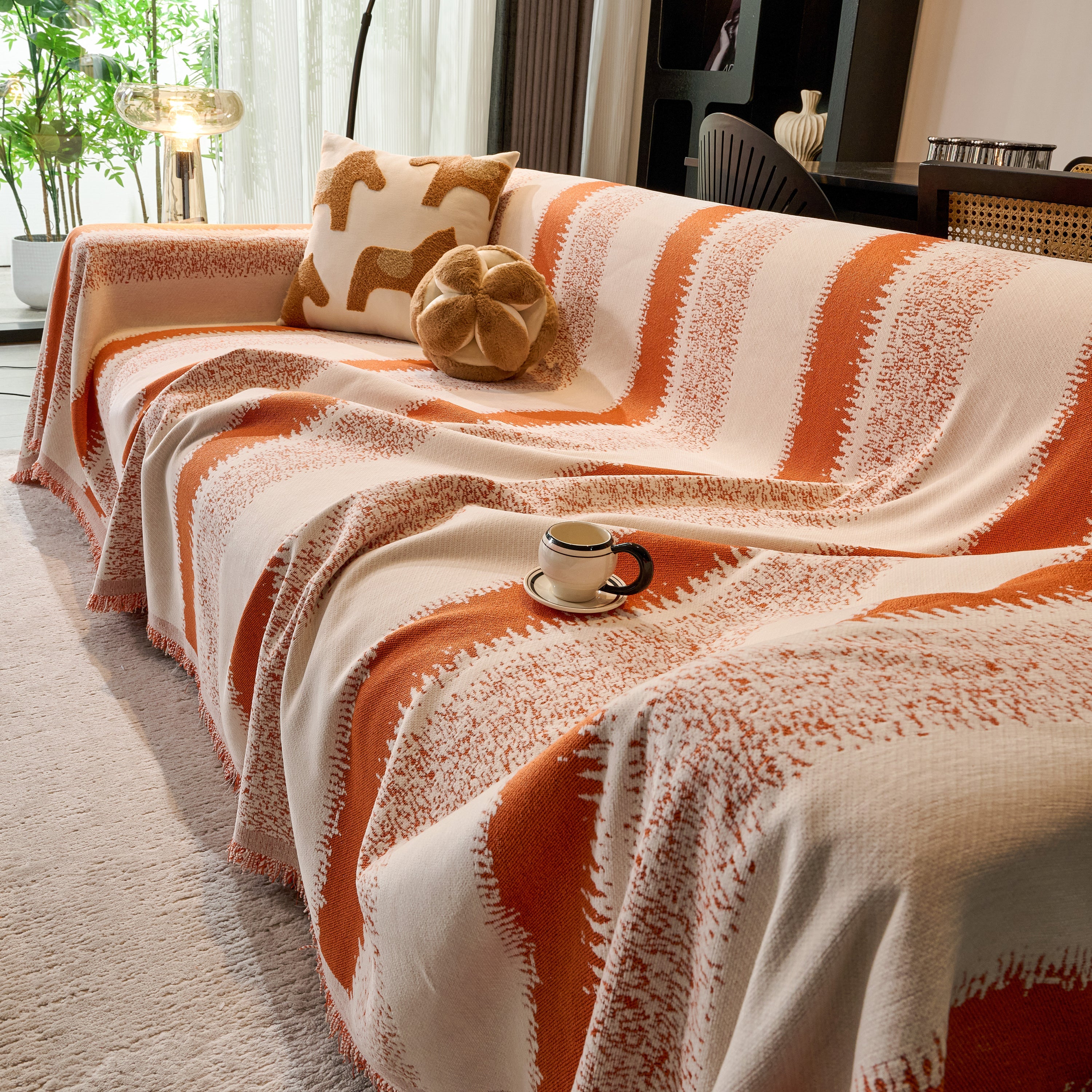 Chenille Reversible Rainbow Couch Cover Blanket For Sofas, Pet Friendly Couch Slipcovers With Tassel