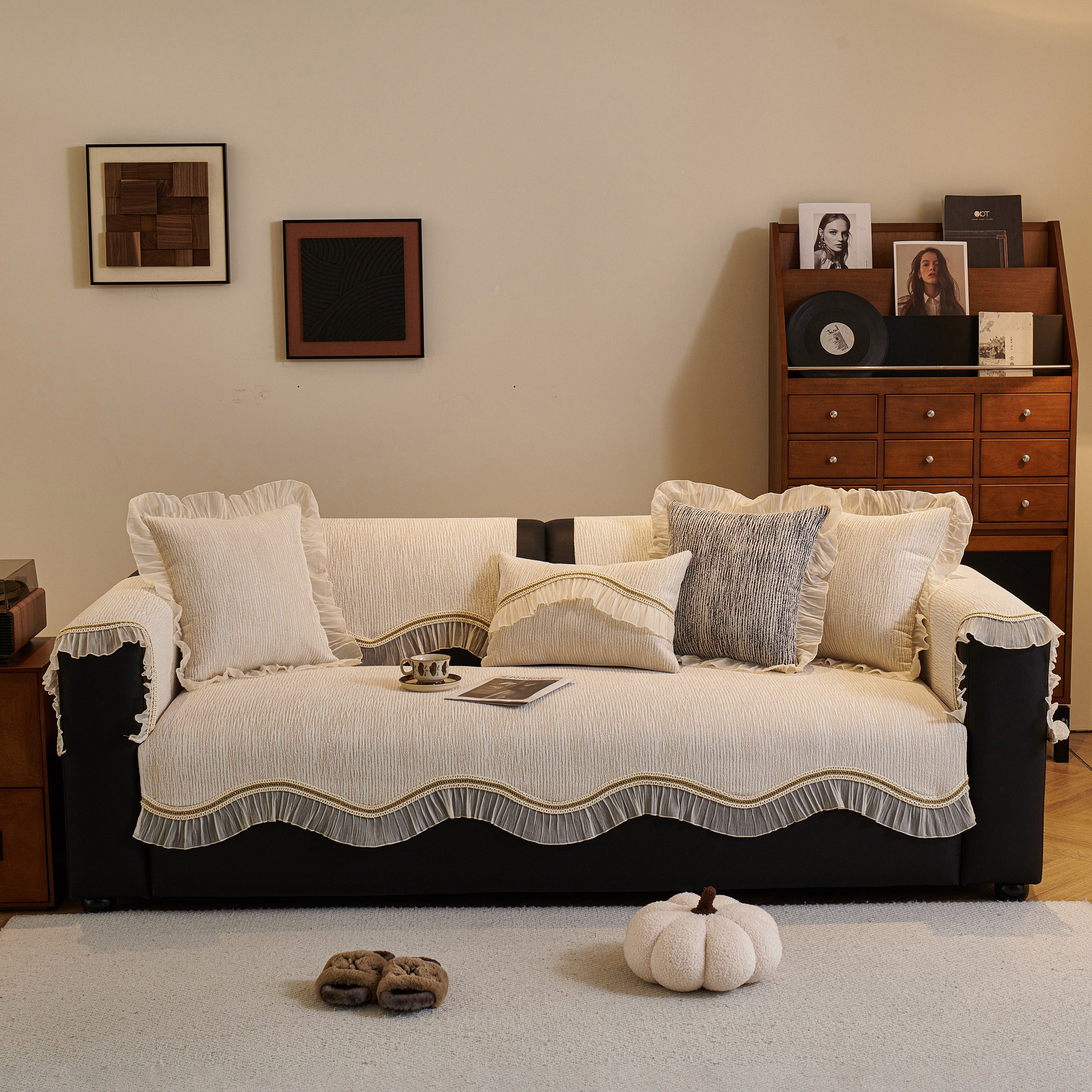 French Vintage Style Couch Cover With Skirt,  Non-slip Sectional Furniture Covers