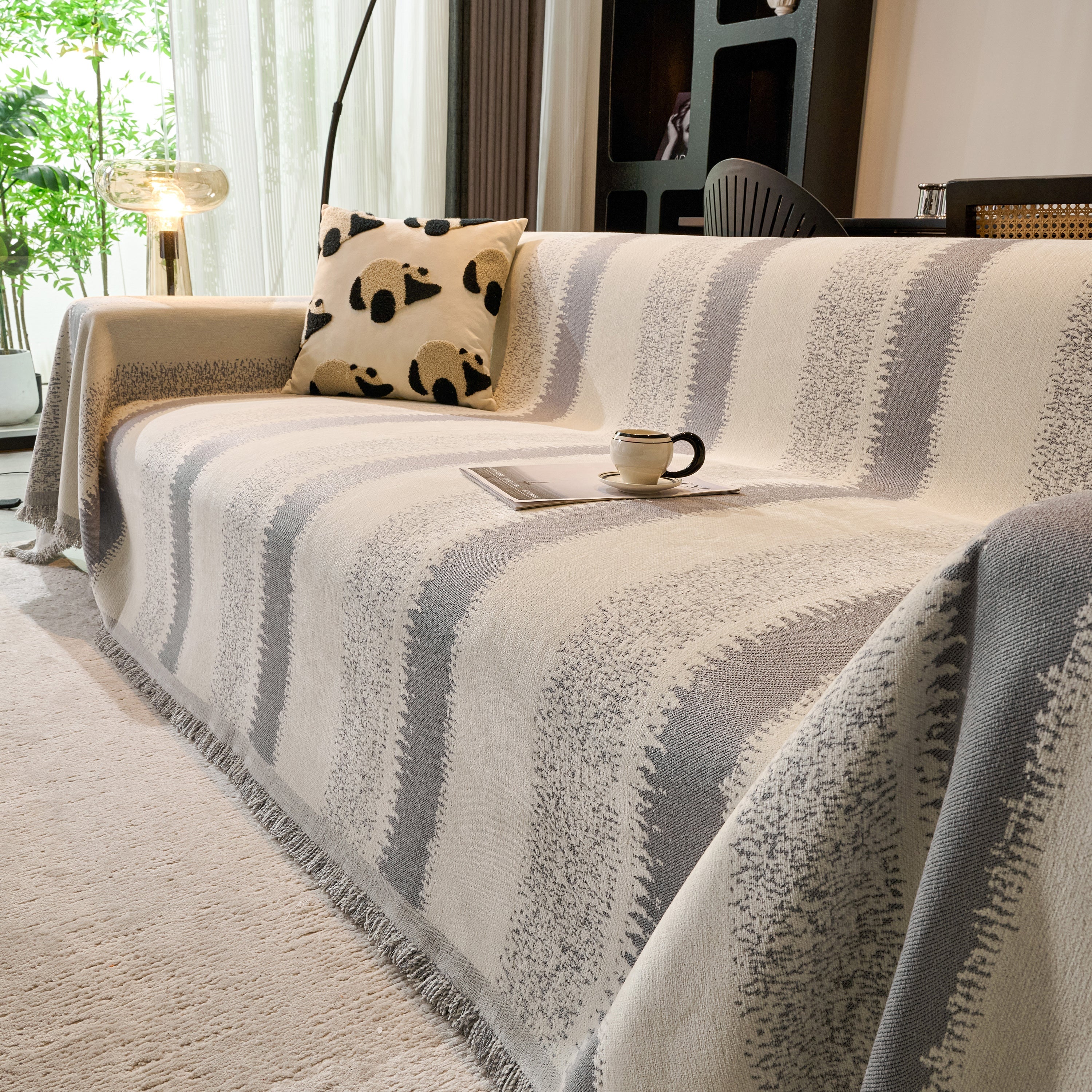 Chenille Reversible Rainbow Couch Cover Blanket For Sofas, Pet Friendly Couch Slipcovers With Tassel