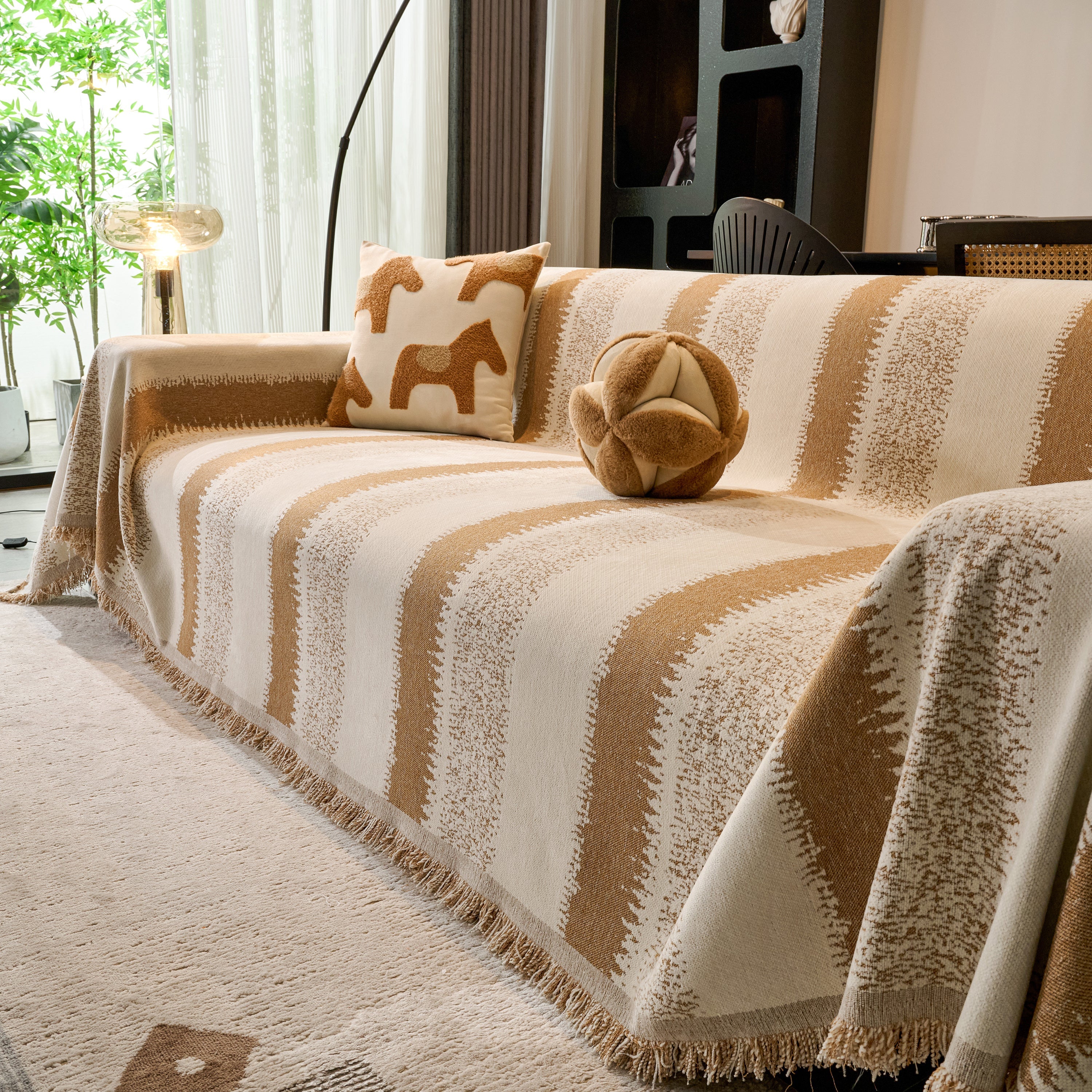 Chenille Reversible Rainbow Couch Cover Blanket For Sofas, Pet Friendly Couch Slipcovers With Tassel