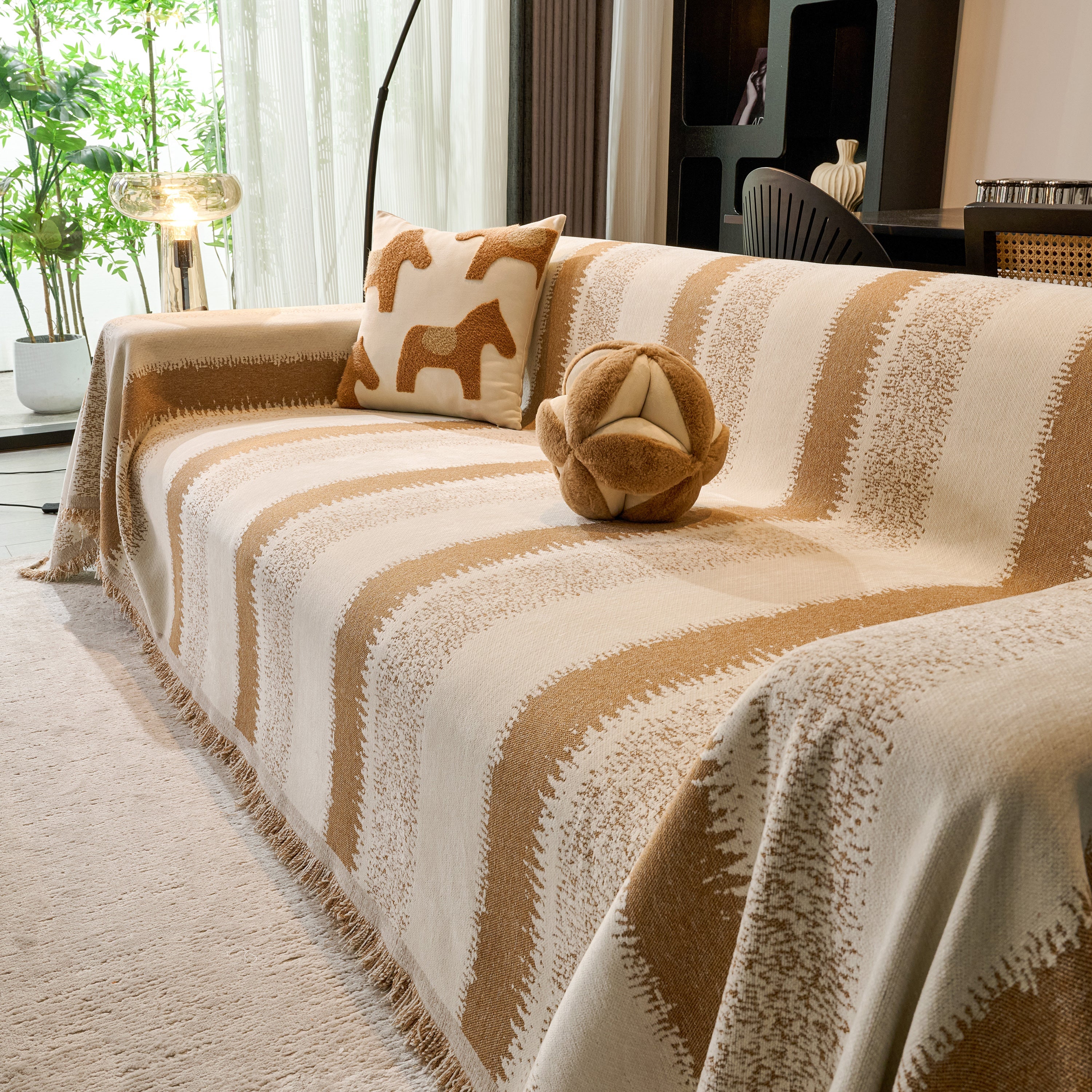 Chenille Reversible Rainbow Couch Cover Blanket For Sofas, Pet Friendly Couch Slipcovers With Tassel