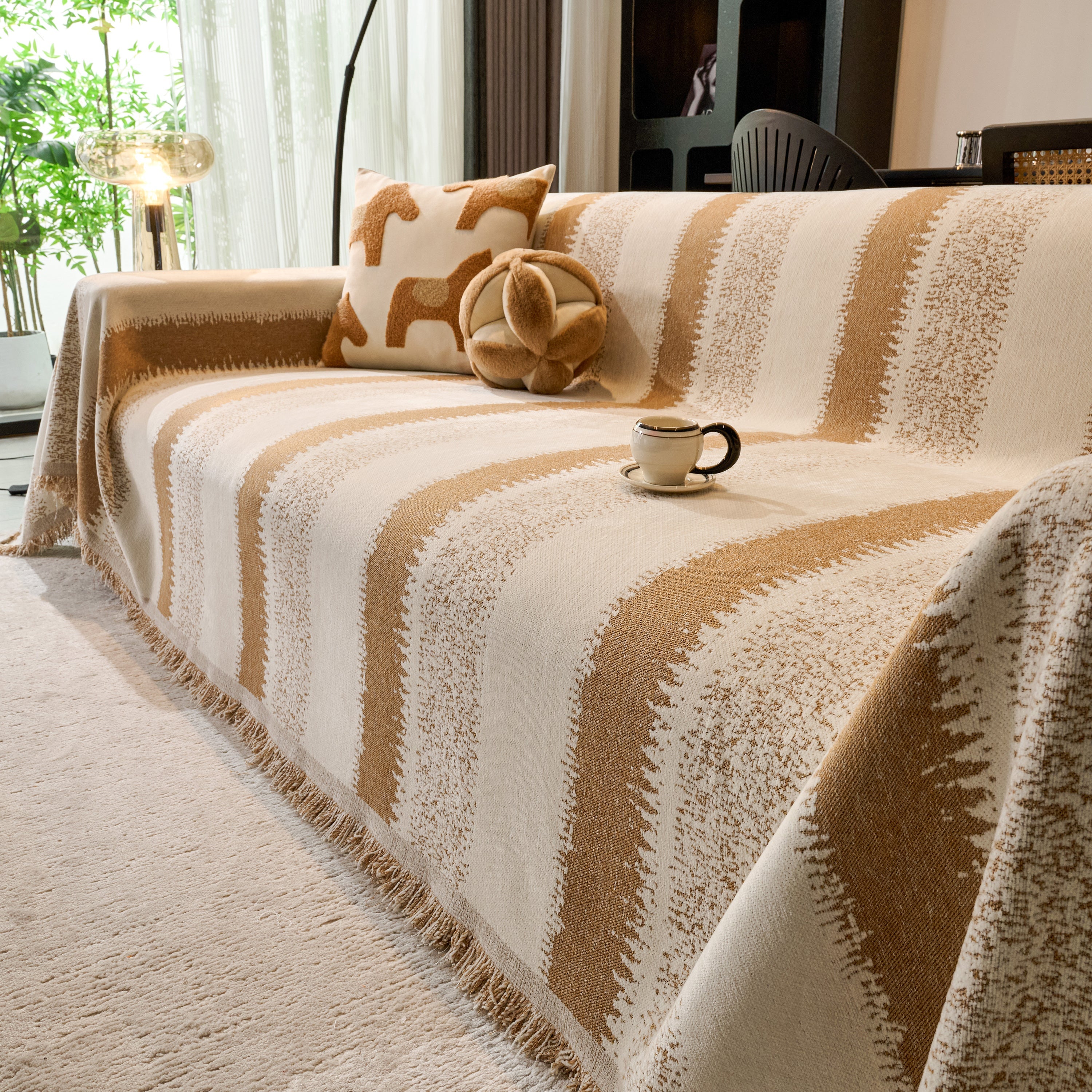 Chenille Reversible Rainbow Couch Cover Blanket For Sofas, Pet Friendly Couch Slipcovers With Tassel