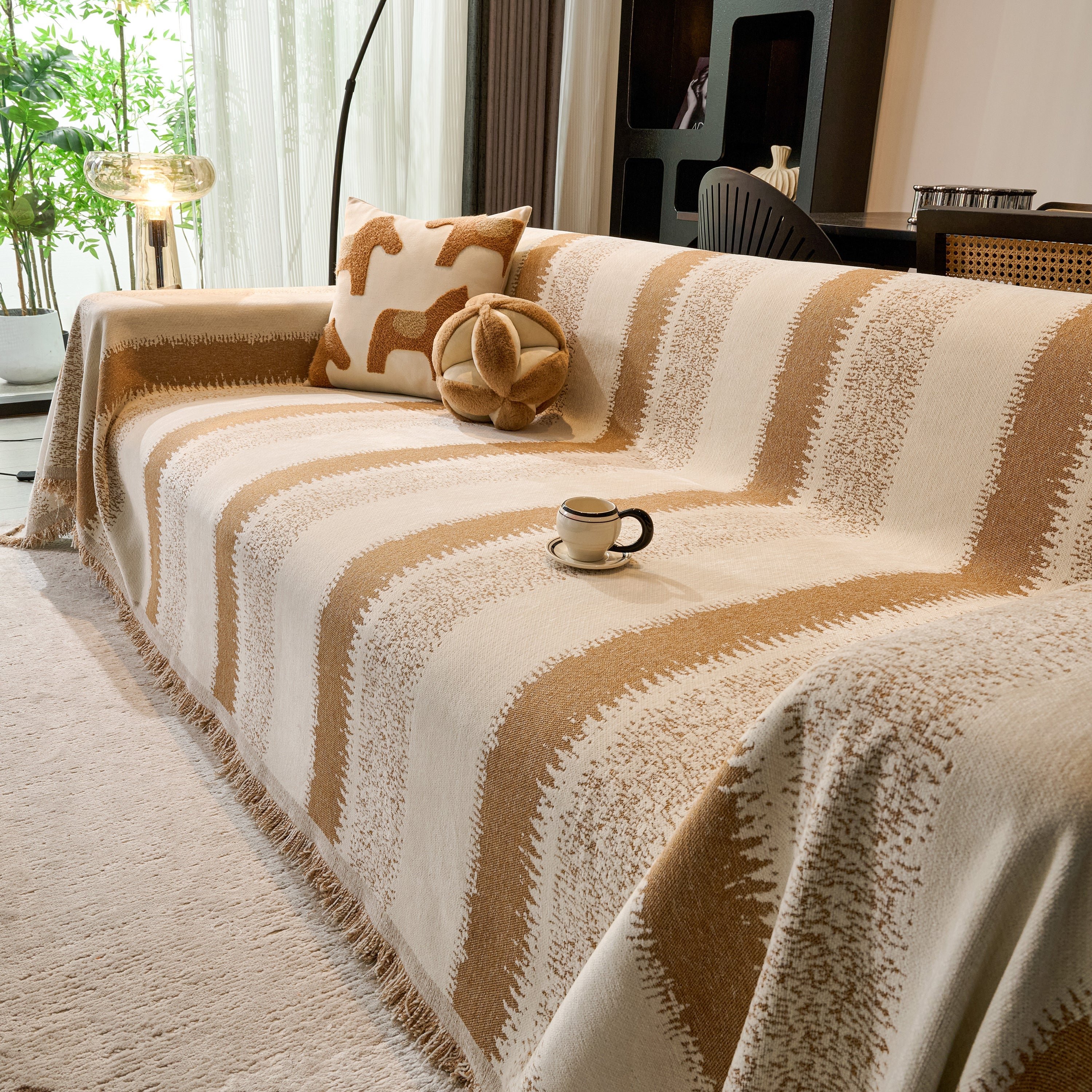 Chenille Reversible Rainbow Couch Cover Blanket For Sofas, Pet Friendly Couch Slipcovers With Tassel