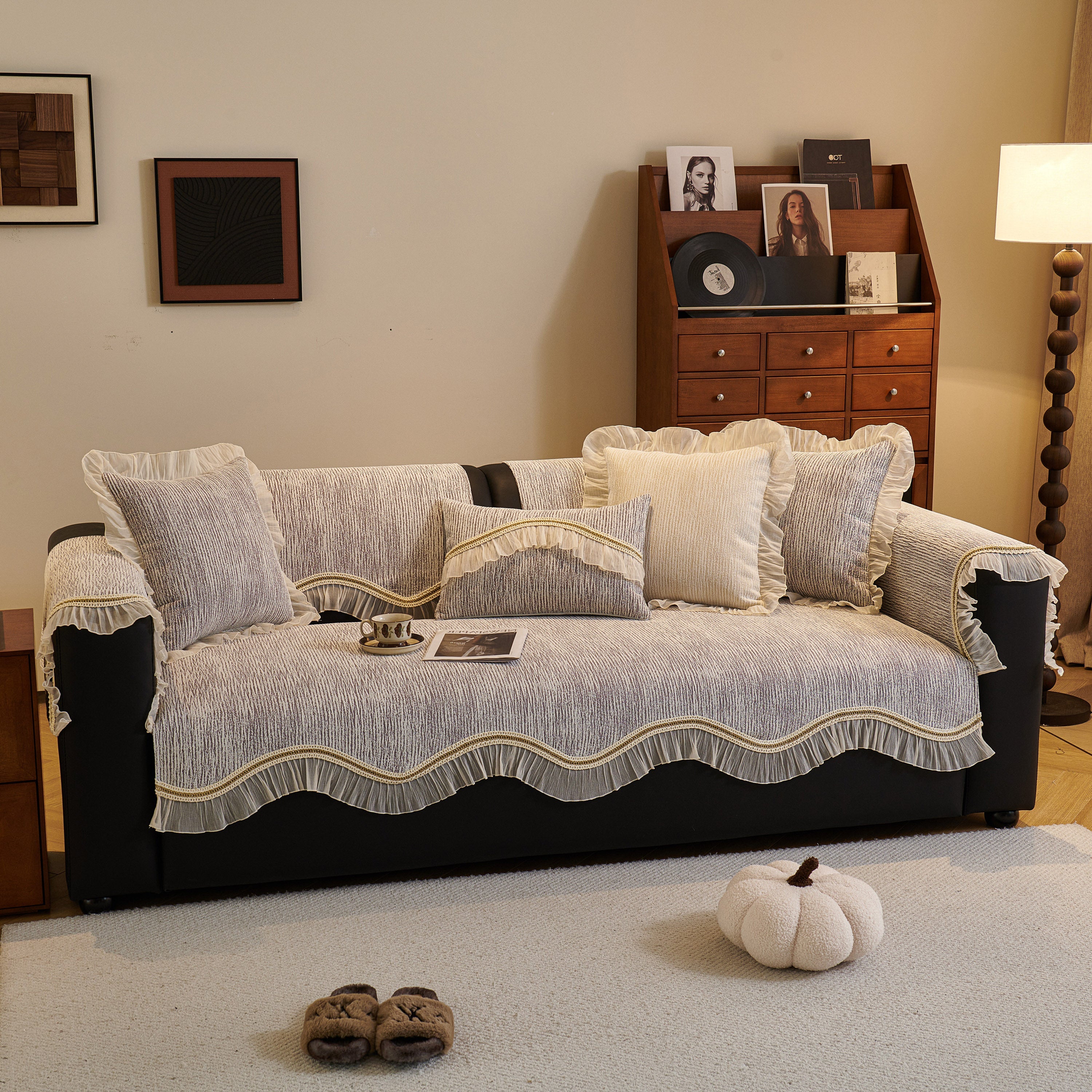 French Vintage Style Couch Cover With Skirt,  Non-slip Sectional Furniture Covers