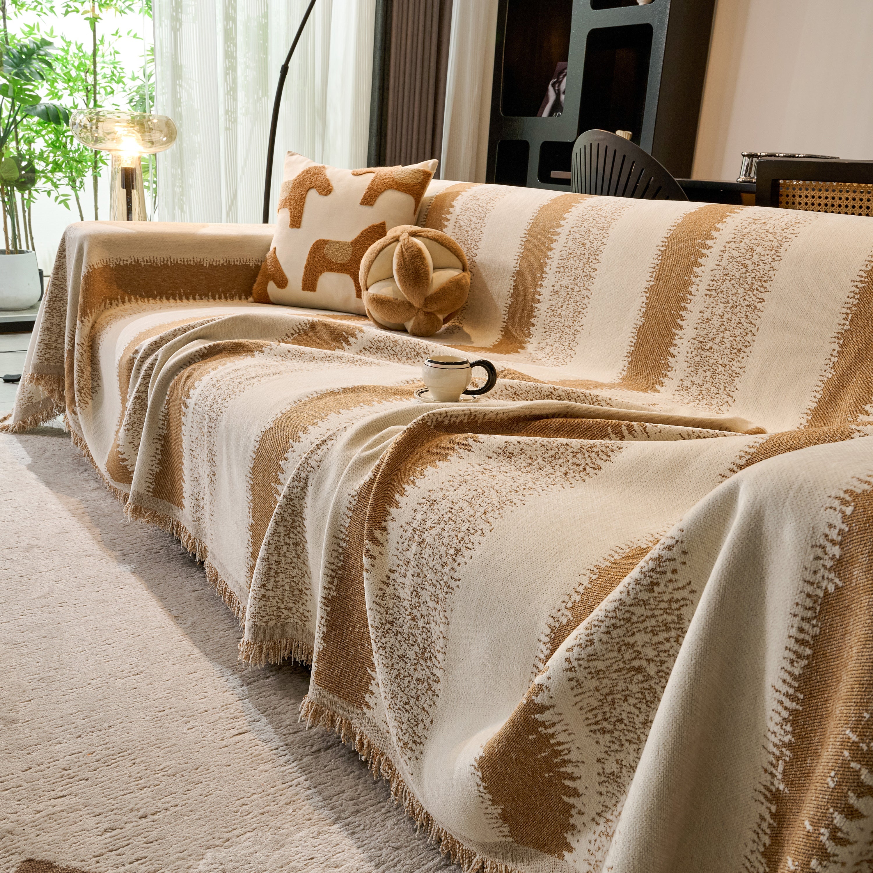 Chenille Reversible Rainbow Couch Cover Blanket For Sofas, Pet Friendly Couch Slipcovers With Tassel