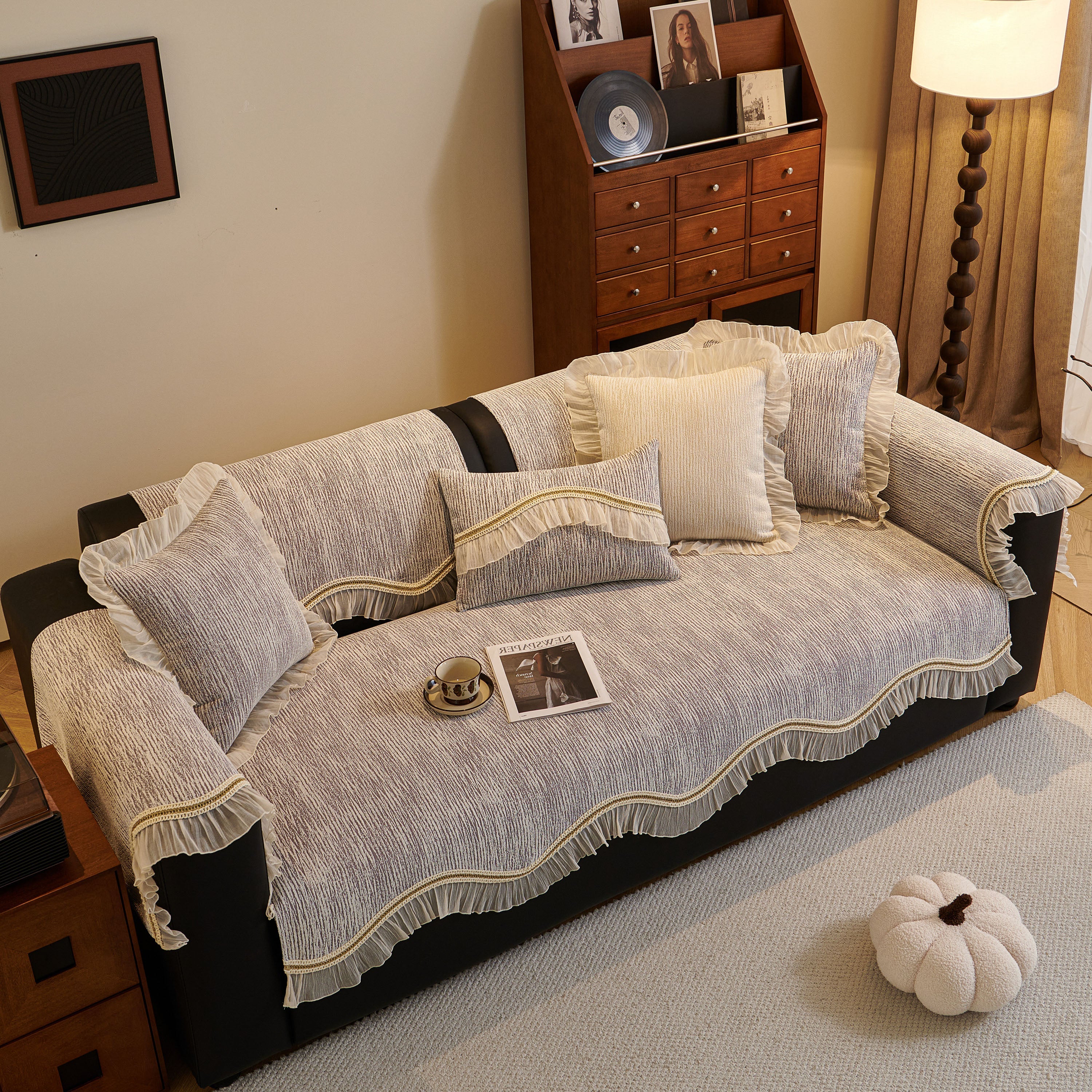 French Vintage Style Couch Cover With Skirt,  Non-slip Sectional Furniture Covers
