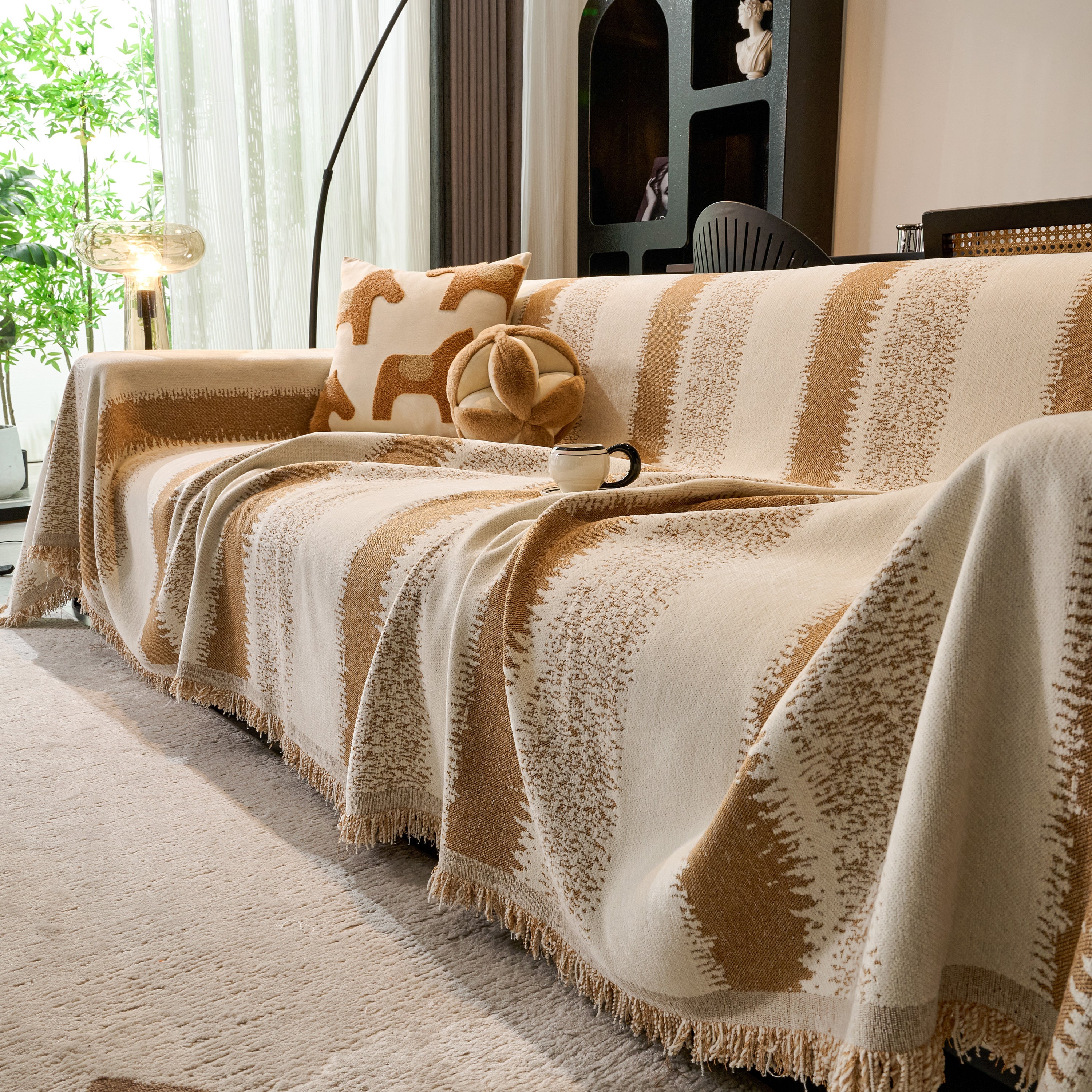 Chenille Reversible Rainbow Couch Cover Blanket For Sofas, Pet Friendly Couch Slipcovers With Tassel