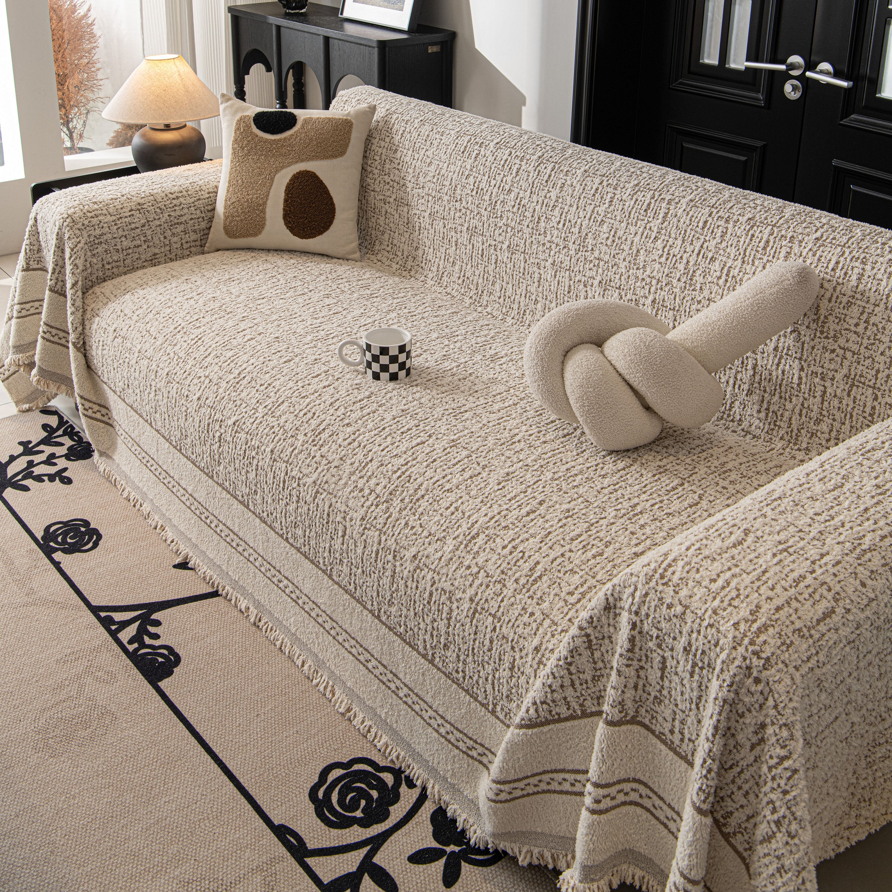 Textured Woven Furniture Protector For Couch, Rustic Farmhouse Sofa Throw Blanket
