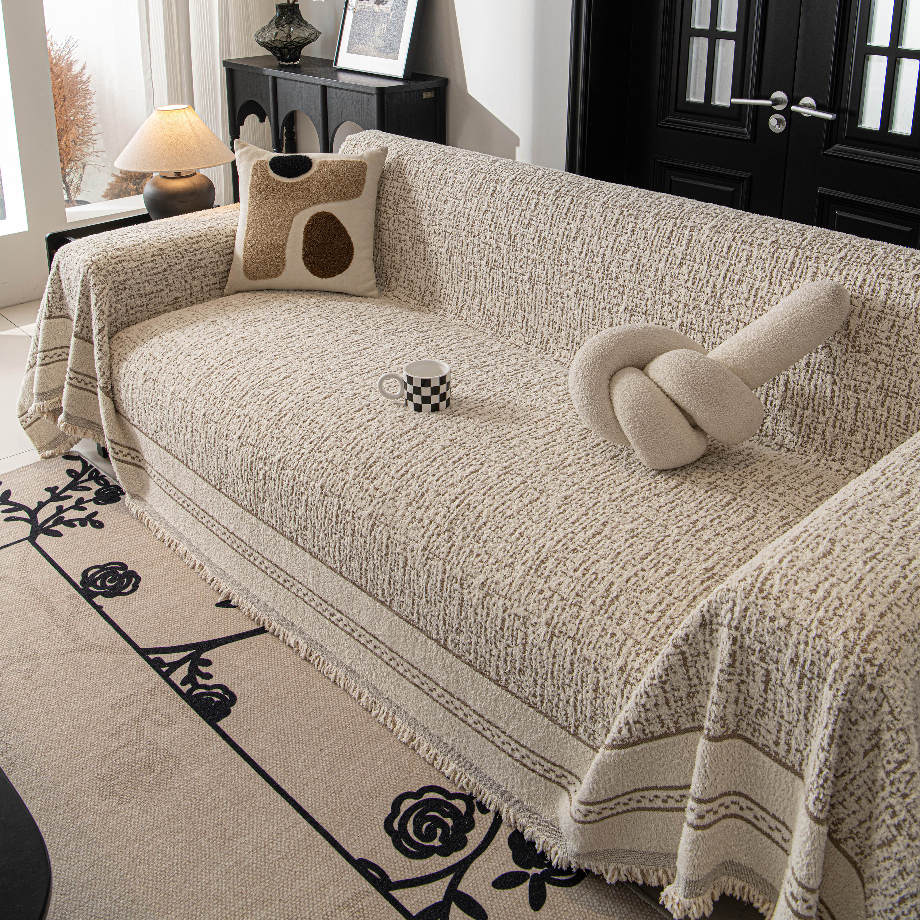 Textured Woven Furniture Protector For Couch, Rustic Farmhouse Sofa Throw Blanket