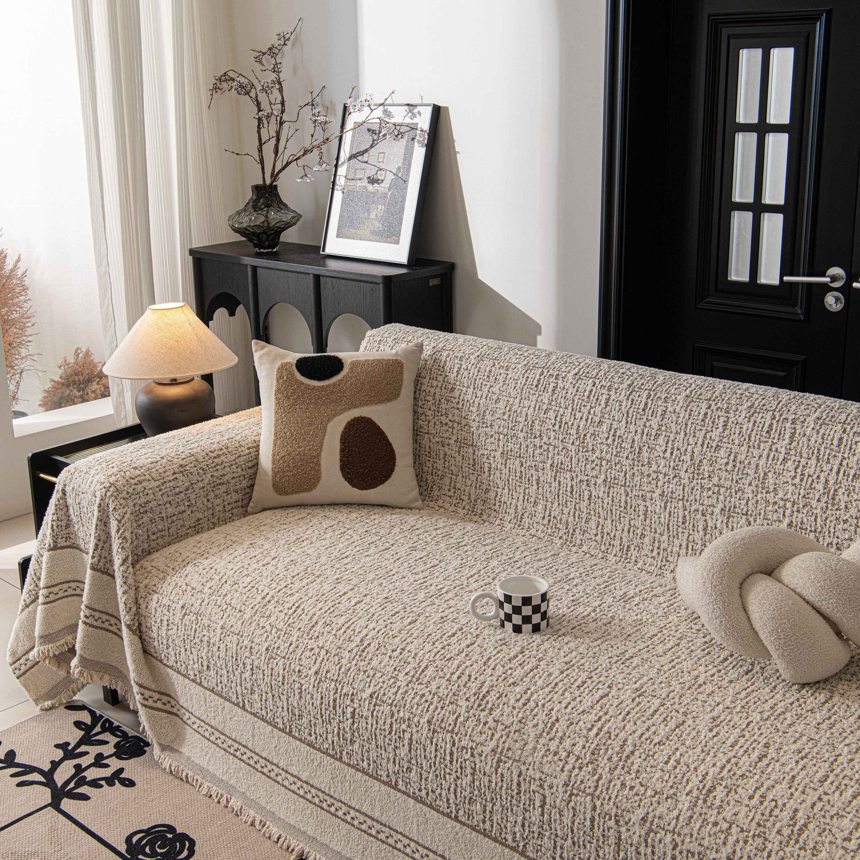 Textured Woven Furniture Protector For Couch, Rustic Farmhouse Sofa Throw Blanket